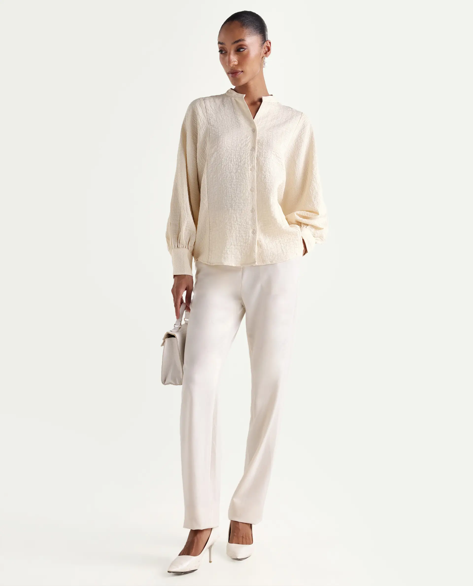 Rareism Women's Dove Off White Viscose Blend Band Collar Button Regular Plain Top - Image 2
