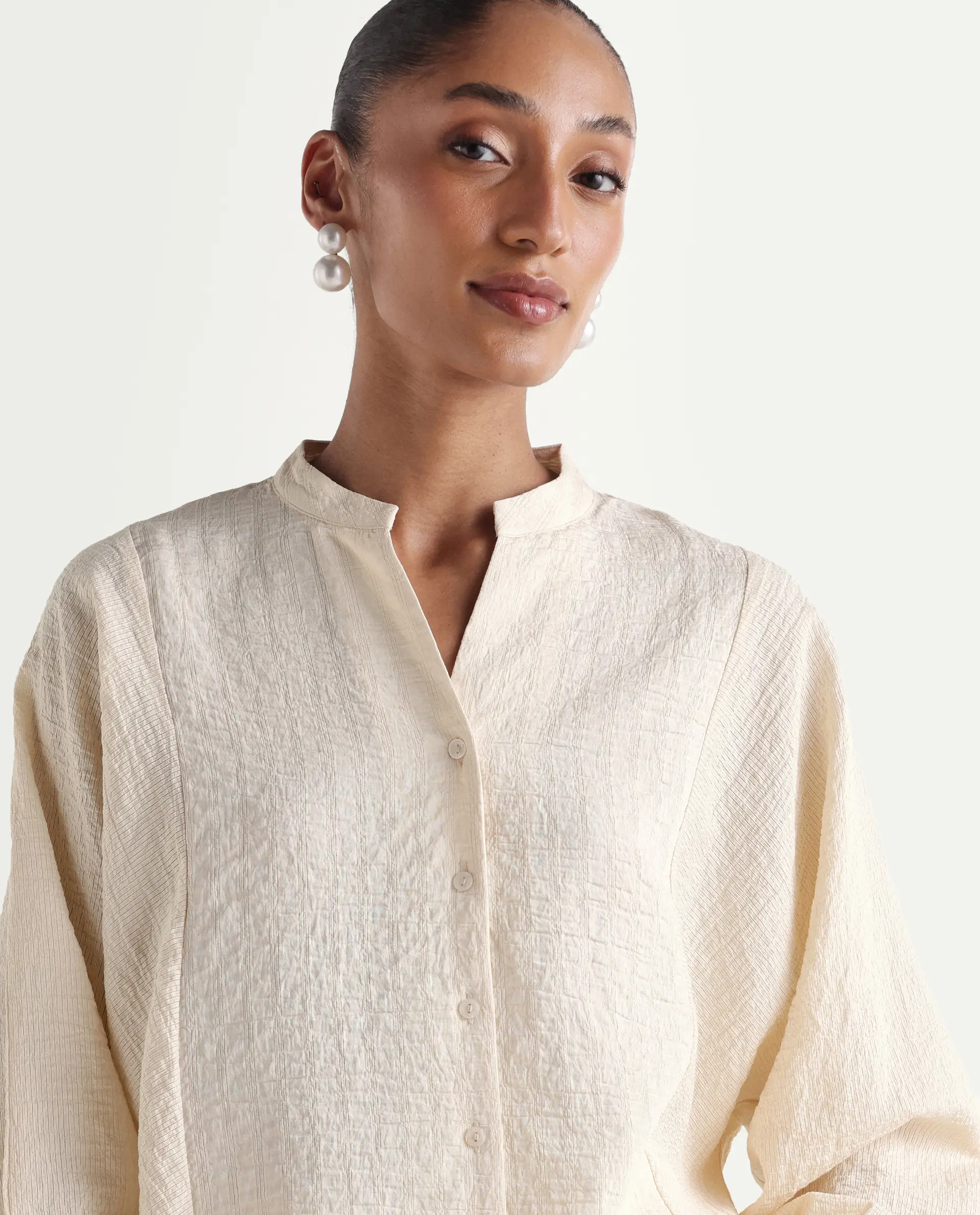 Rareism Women's Dove Off White Viscose Blend Band Collar Button Regular Plain Top - Image 3