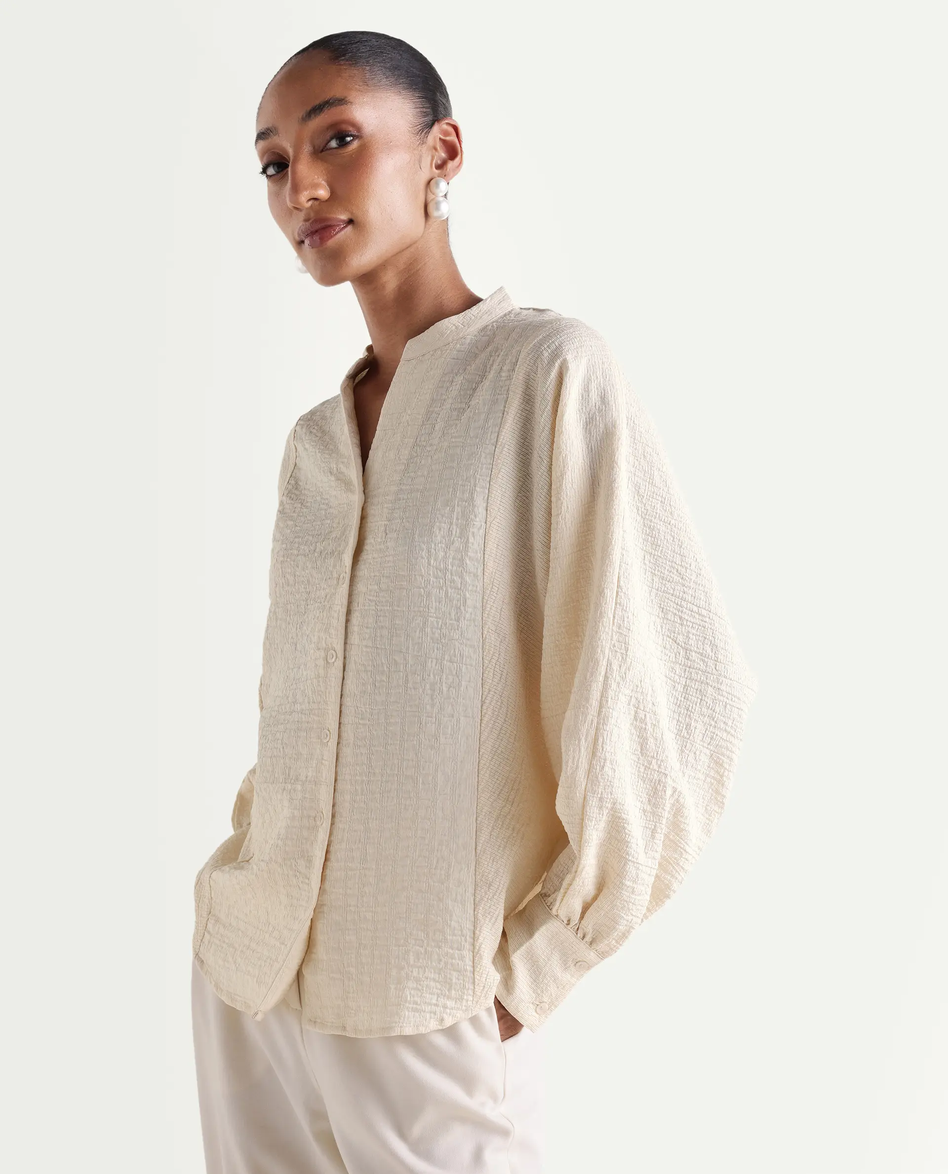 Rareism Women's Dove Off White Viscose Blend Band Collar Button Regular Plain Top - Image 4