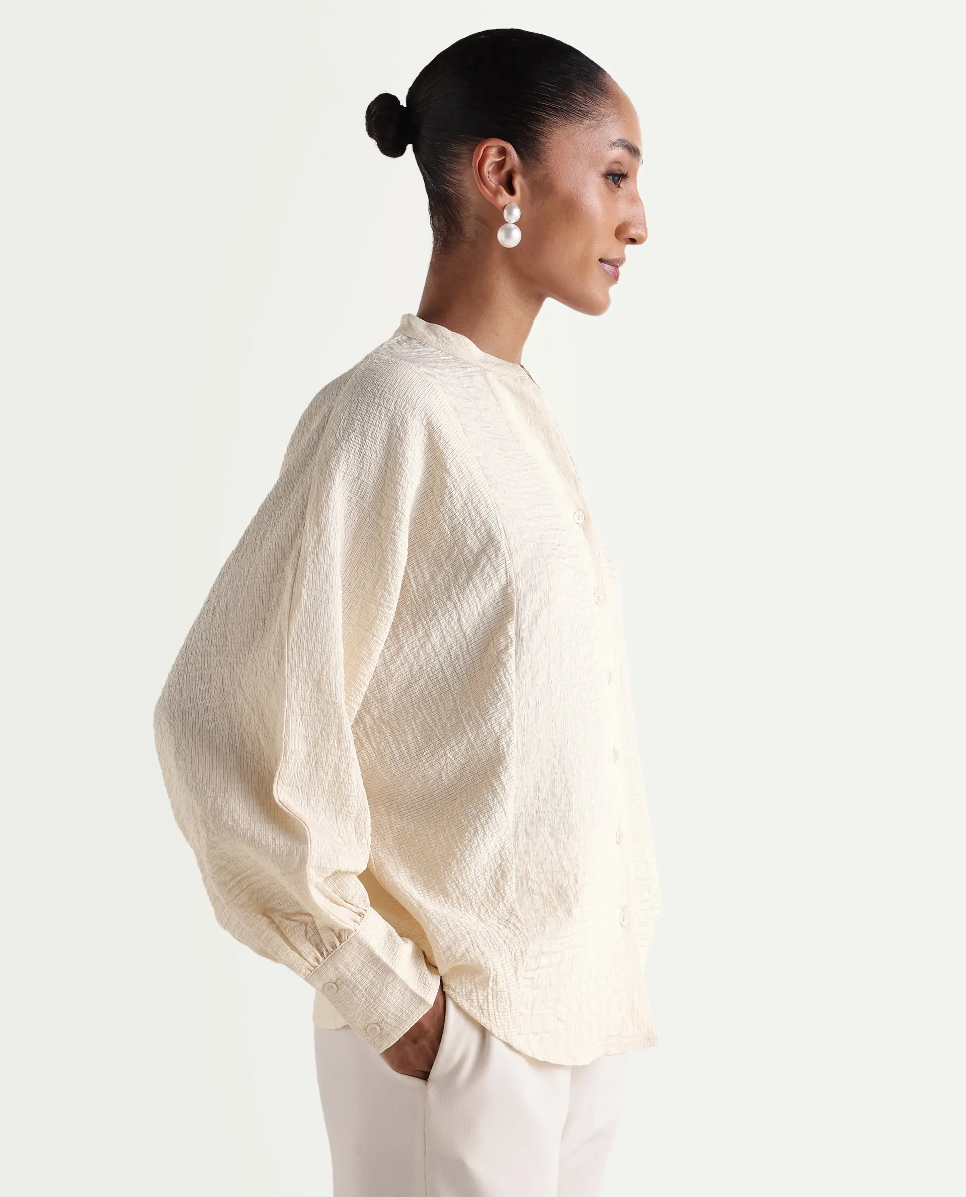 Rareism Women's Dove Off White Viscose Blend Band Collar Button Regular Plain Top - Image 5