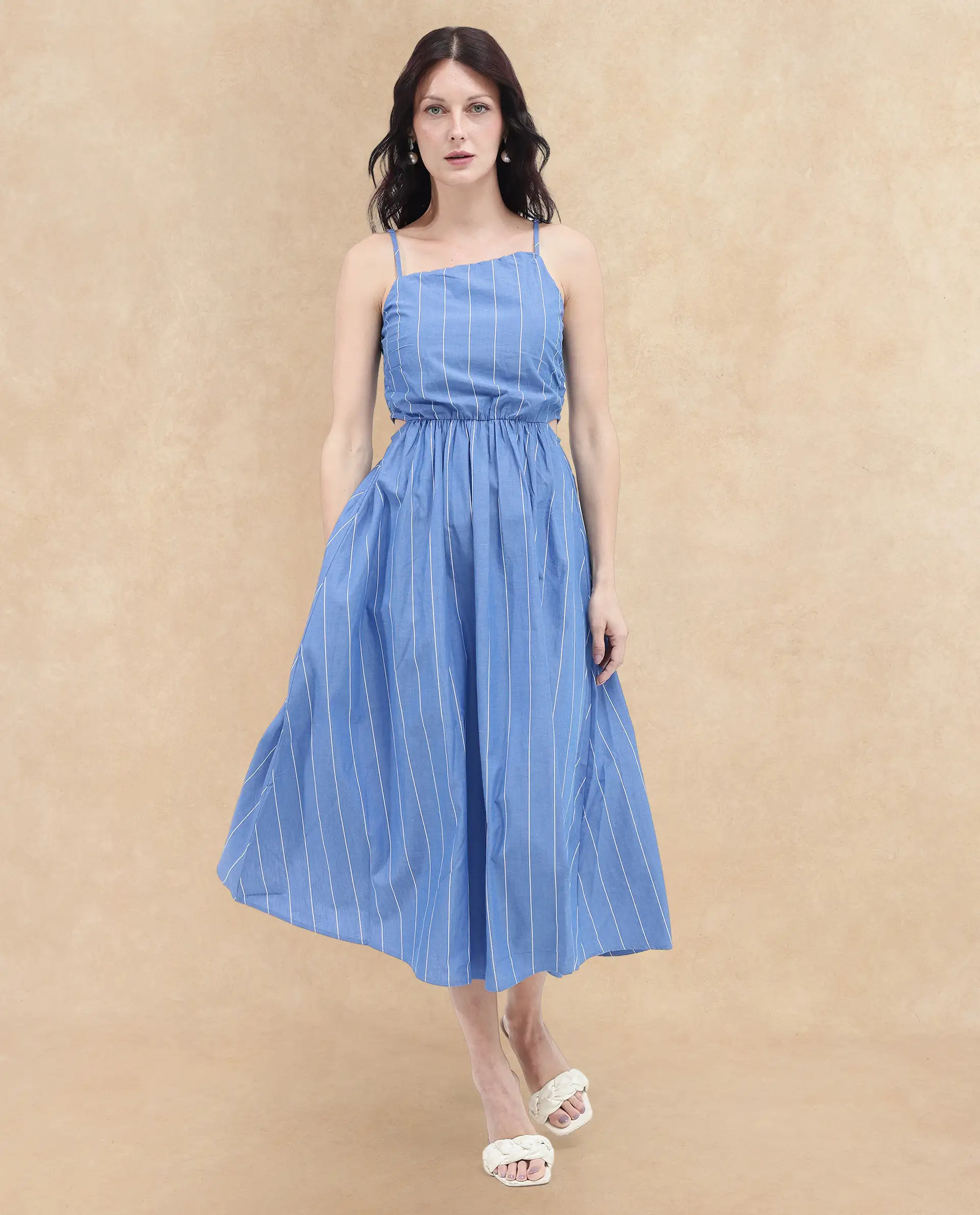 Rareism Women's Doyle Blue Asymmetric Neck Striped Shoulder Strap Midi Fit And Flare Dress