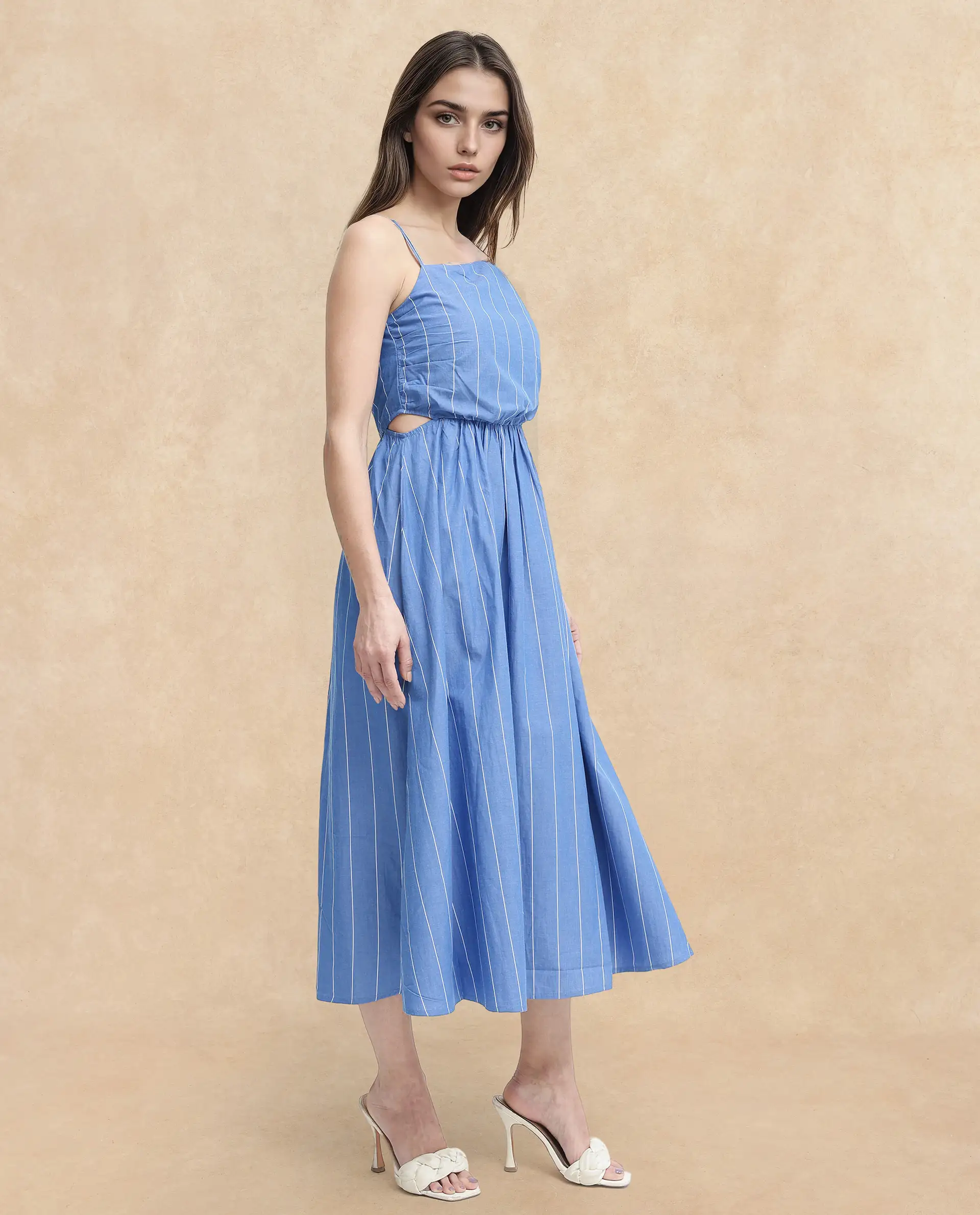 Rareism Women's Doyle Blue Asymmetric Neck Striped Shoulder Strap Midi Fit And Flare Dress - Image 2