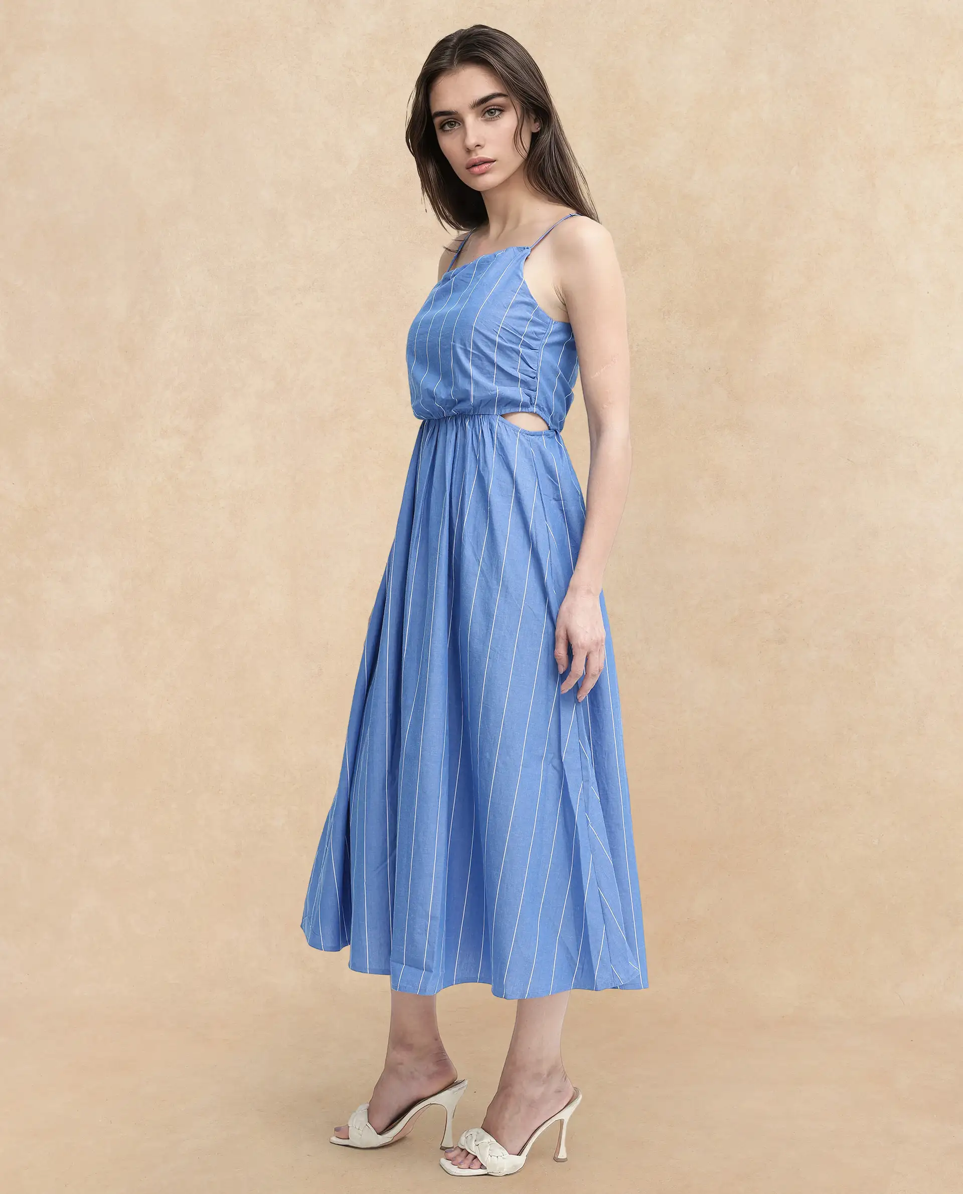 Rareism Women's Doyle Blue Asymmetric Neck Striped Shoulder Strap Midi Fit And Flare Dress - Image 3