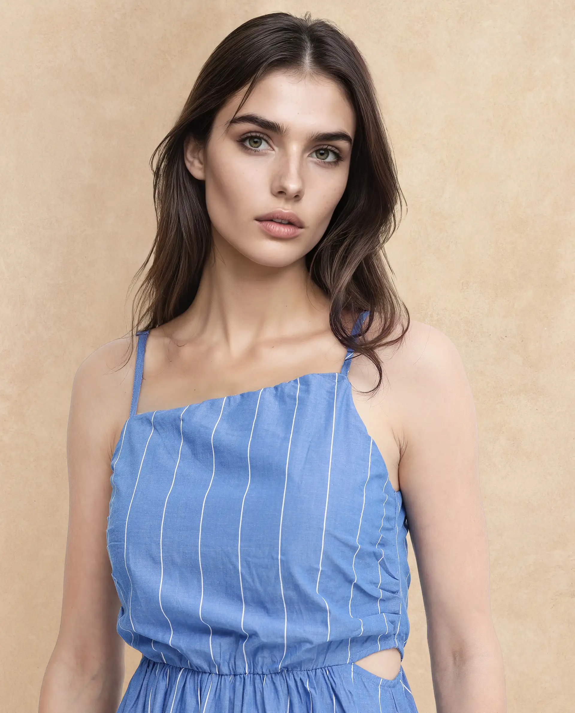 Rareism Women's Doyle Blue Asymmetric Neck Striped Shoulder Strap Midi Fit And Flare Dress - Image 4