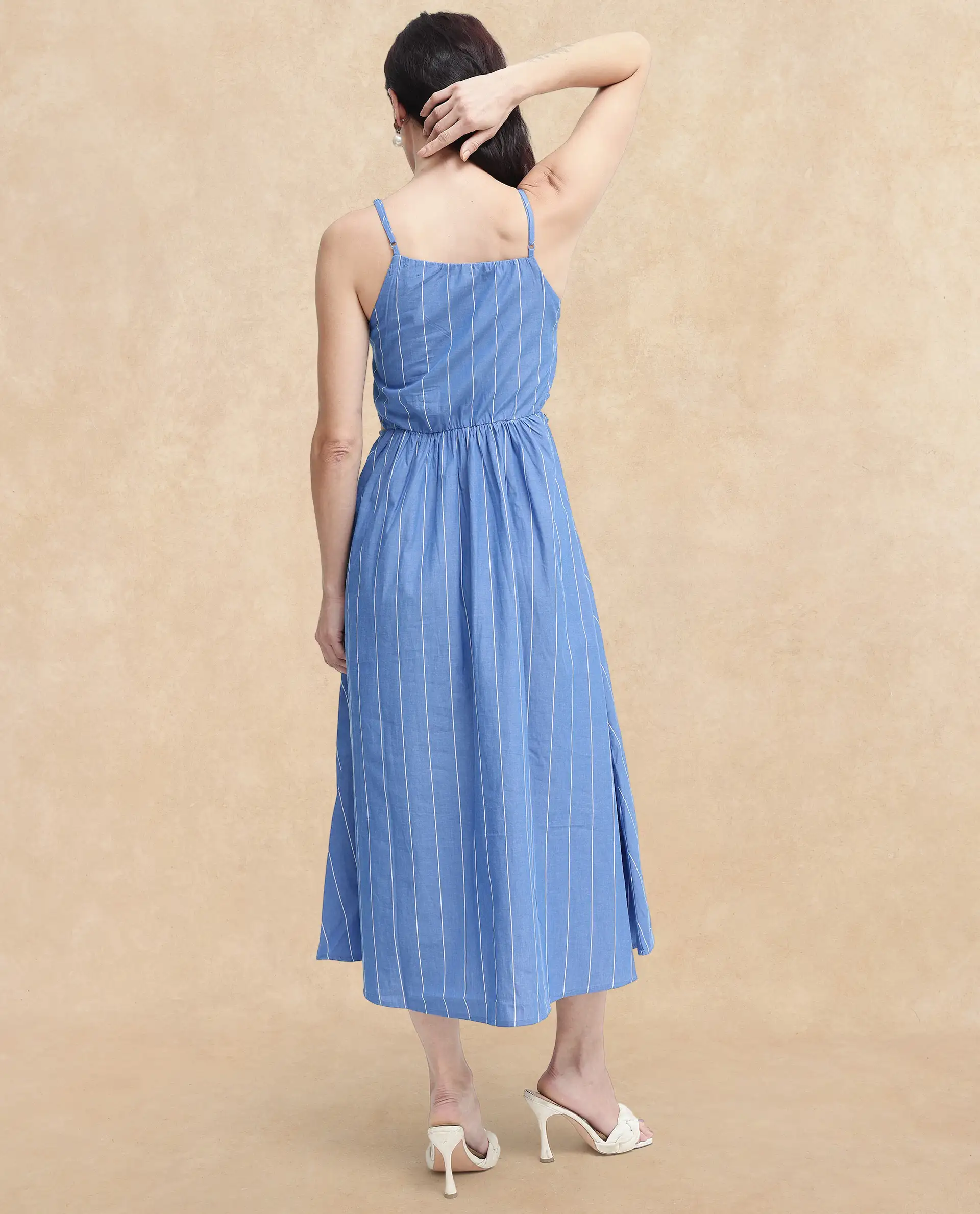 Rareism Women's Doyle Blue Asymmetric Neck Striped Shoulder Strap Midi Fit And Flare Dress - Image 6