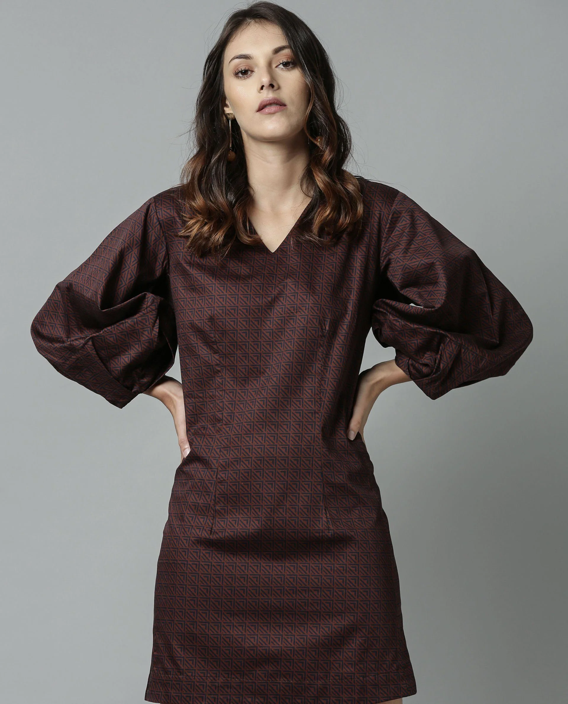 Rareism Women Drag Brown Dress Full Sleeves Printed