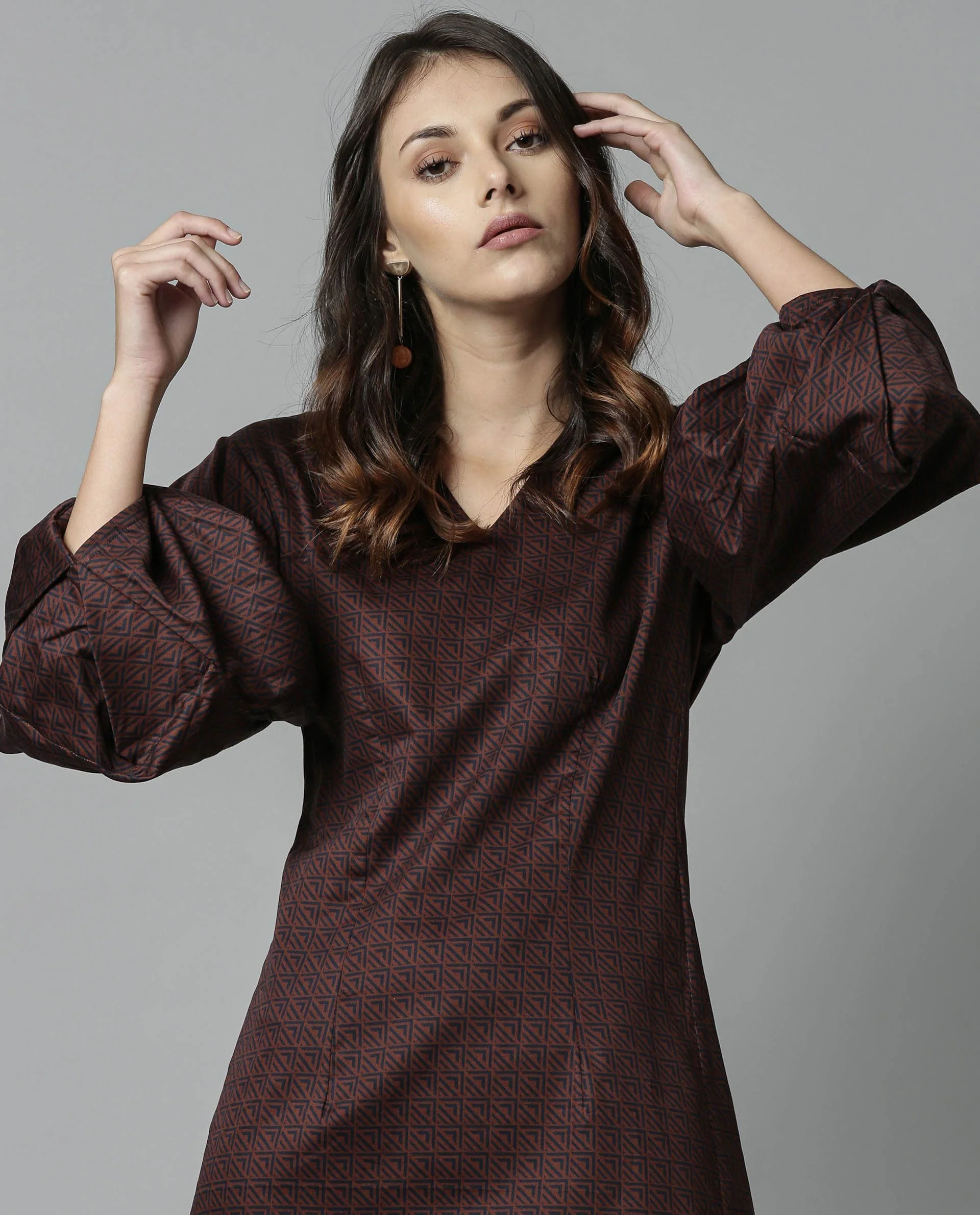 Rareism Women Drag Brown Dress Full Sleeves Printed - Image 4