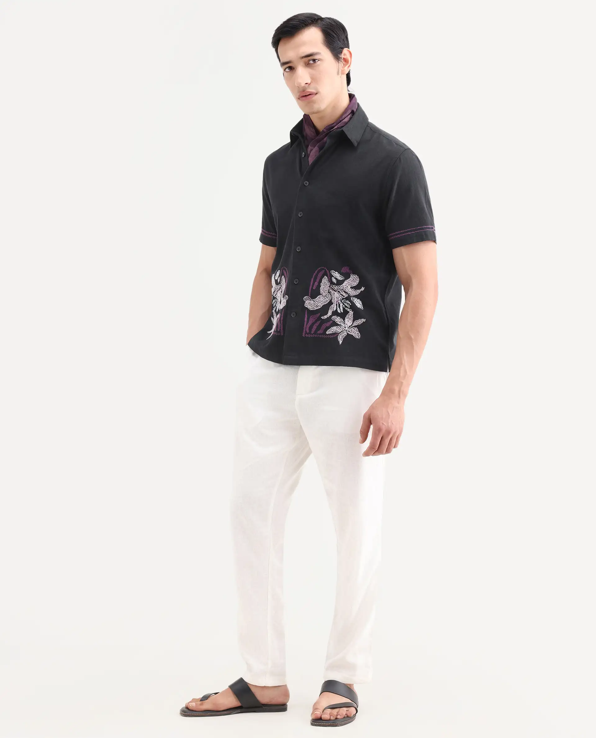 Rare Rabbit Men's Dran Black Cotton Blend Fabric Half Sleeve Spread Collar Regular Fit Embroidered Shirt - Image 2