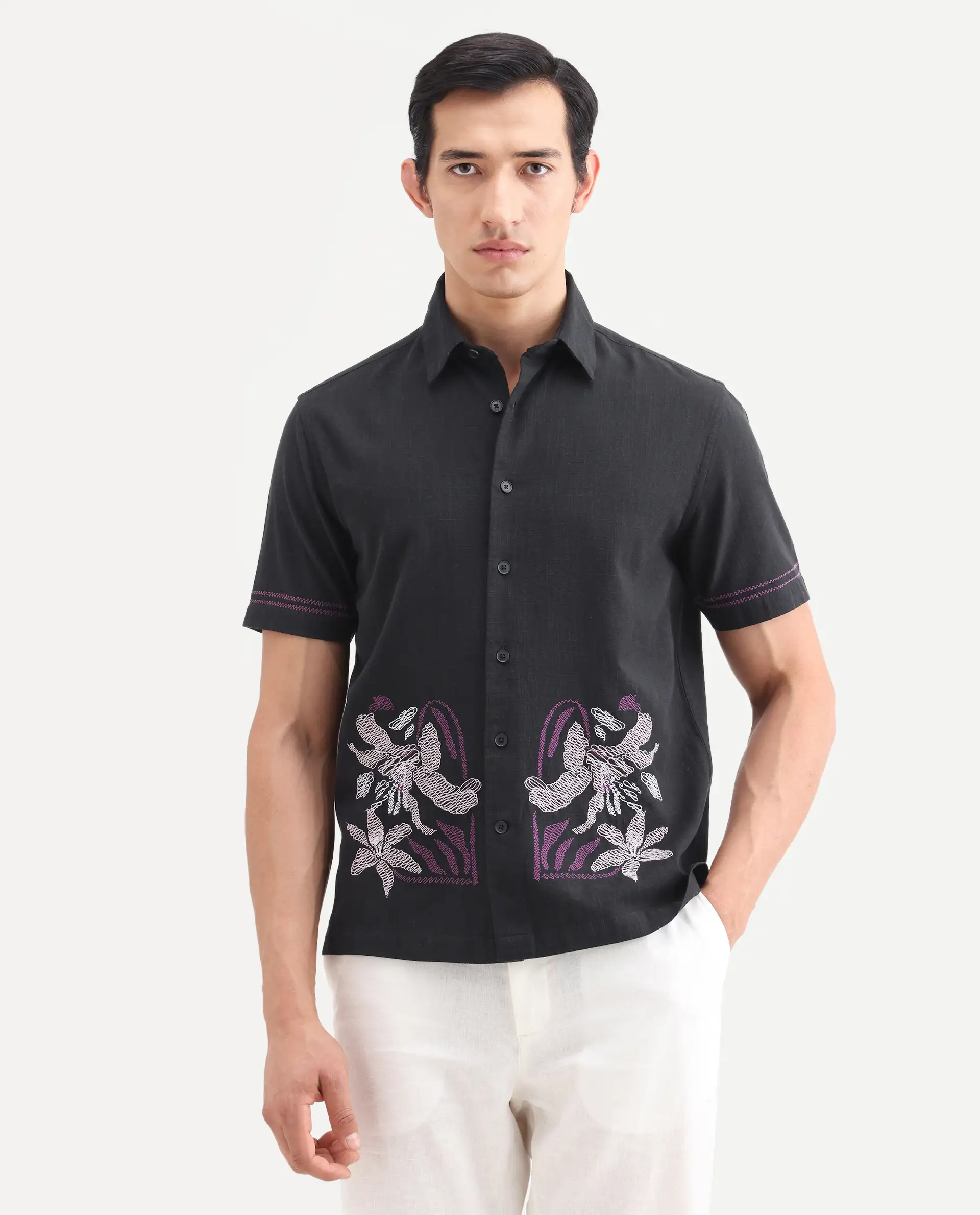 Rare Rabbit Men's Dran Black Cotton Blend Fabric Half Sleeve Spread Collar Regular Fit Embroidered Shirt - Image 4