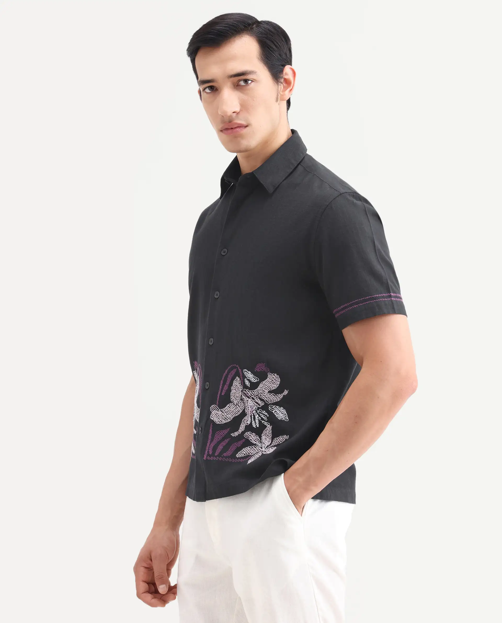 Rare Rabbit Men's Dran Black Cotton Blend Fabric Half Sleeve Spread Collar Regular Fit Embroidered Shirt - Image 5