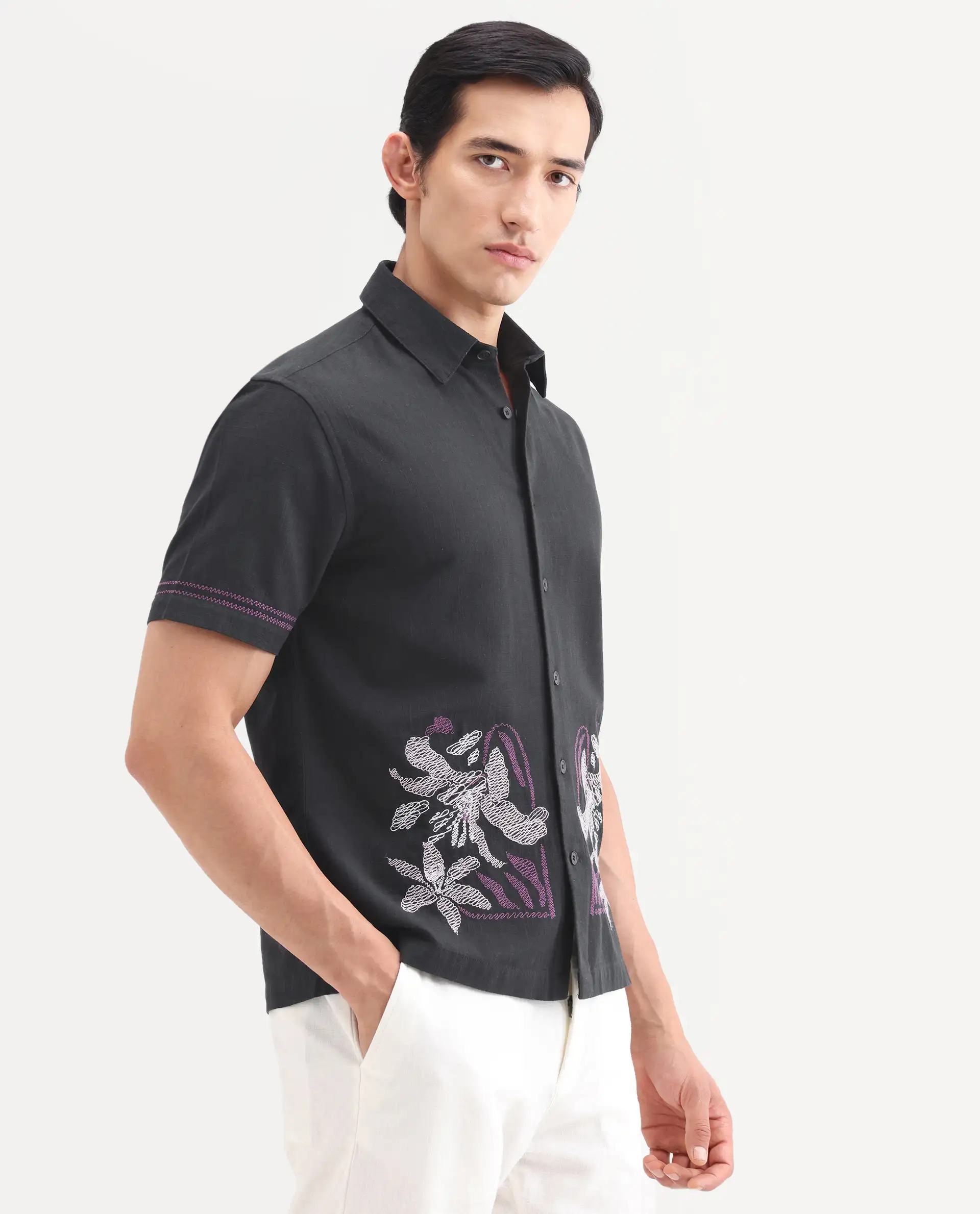 Rare Rabbit Men's Dran Black Cotton Blend Fabric Half Sleeve Spread Collar Regular Fit Embroidered Shirt - Image 6