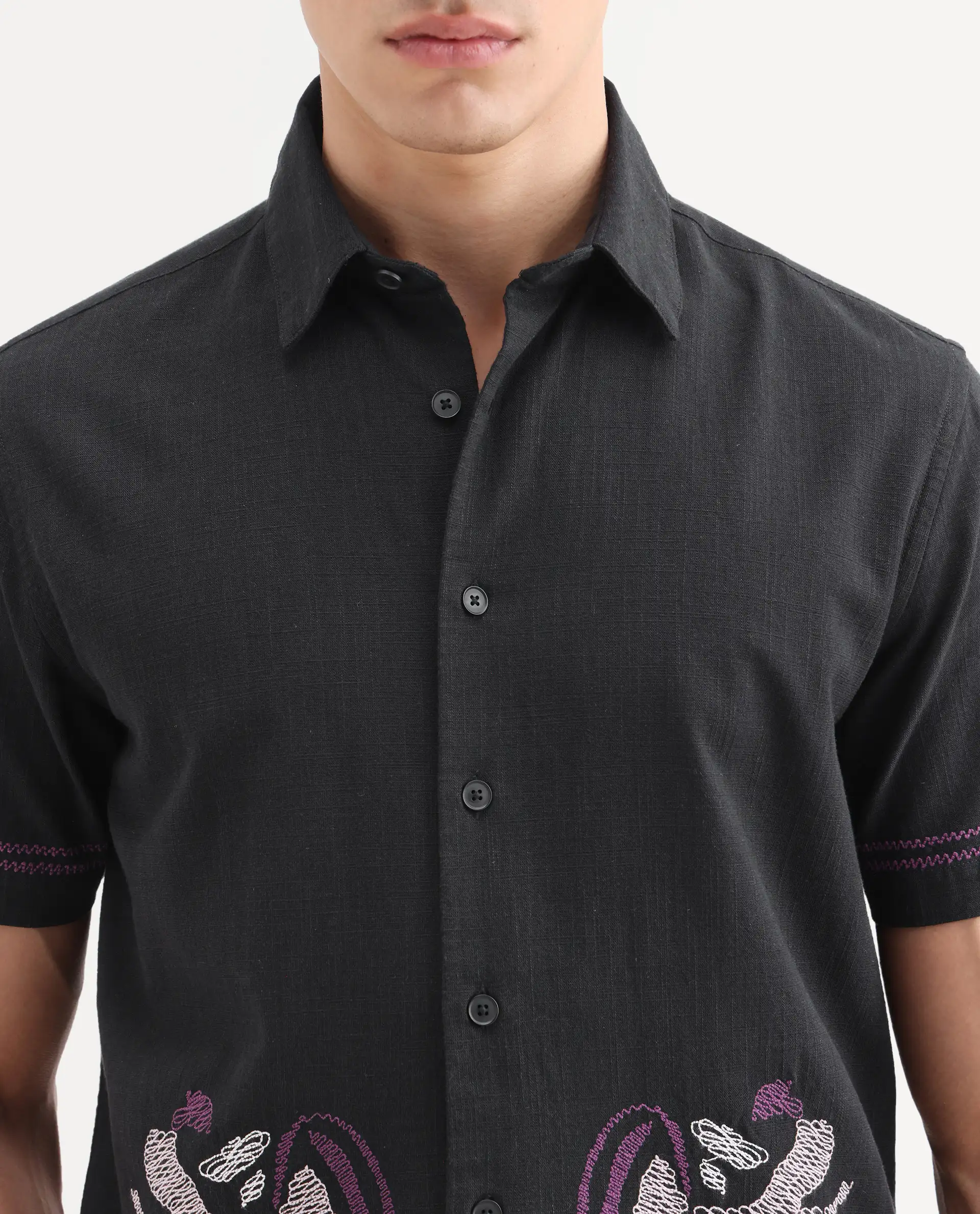 Rare Rabbit Men's Dran Black Cotton Blend Fabric Half Sleeve Spread Collar Regular Fit Embroidered Shirt - Image 7