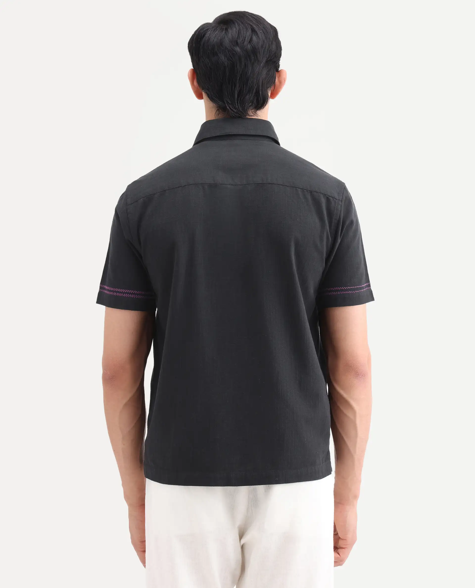 Rare Rabbit Men's Dran Black Cotton Blend Fabric Half Sleeve Spread Collar Regular Fit Embroidered Shirt - Image 8