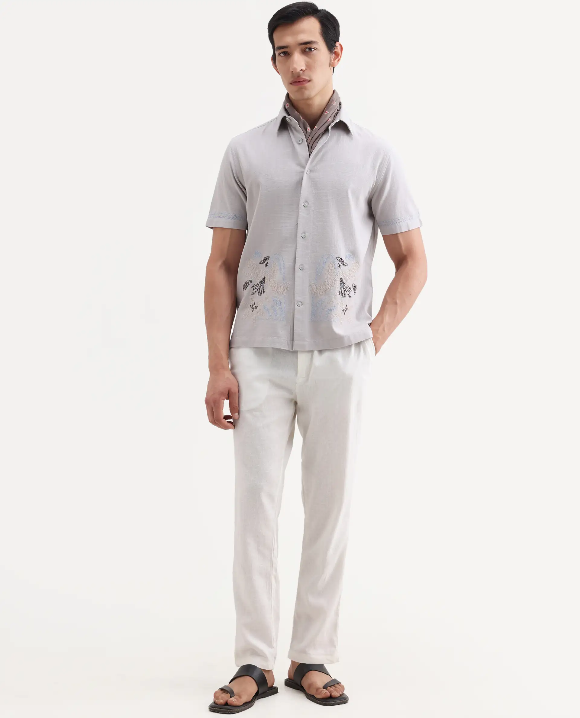 Rare Rabbit Men's Dran Light Grey Cotton Blend Fabric Half Sleeve Spread Collar Regular Fit Embroidered Shirt - Image 2
