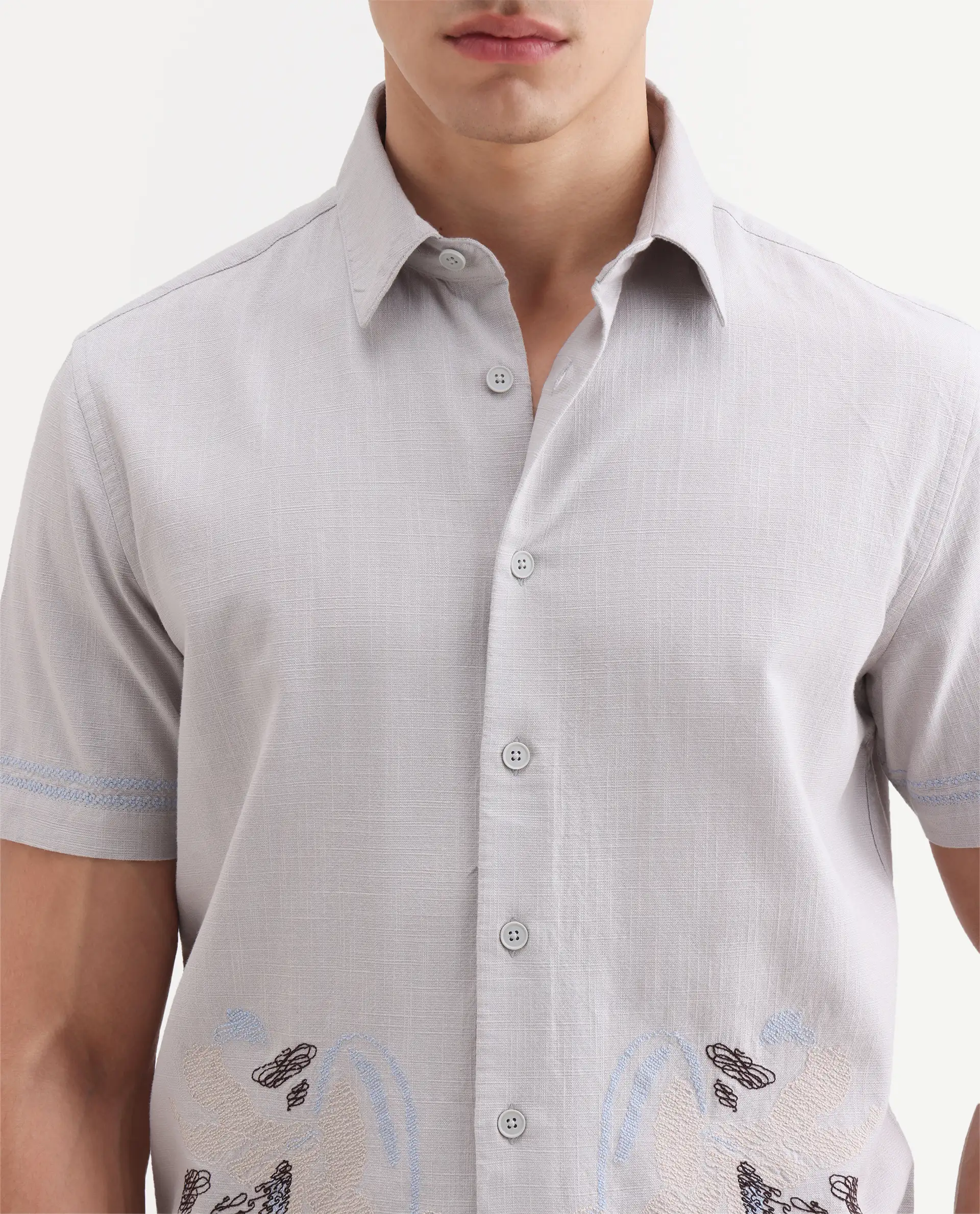 Rare Rabbit Men's Dran Light Grey Cotton Blend Fabric Half Sleeve Spread Collar Regular Fit Embroidered Shirt - Image 3