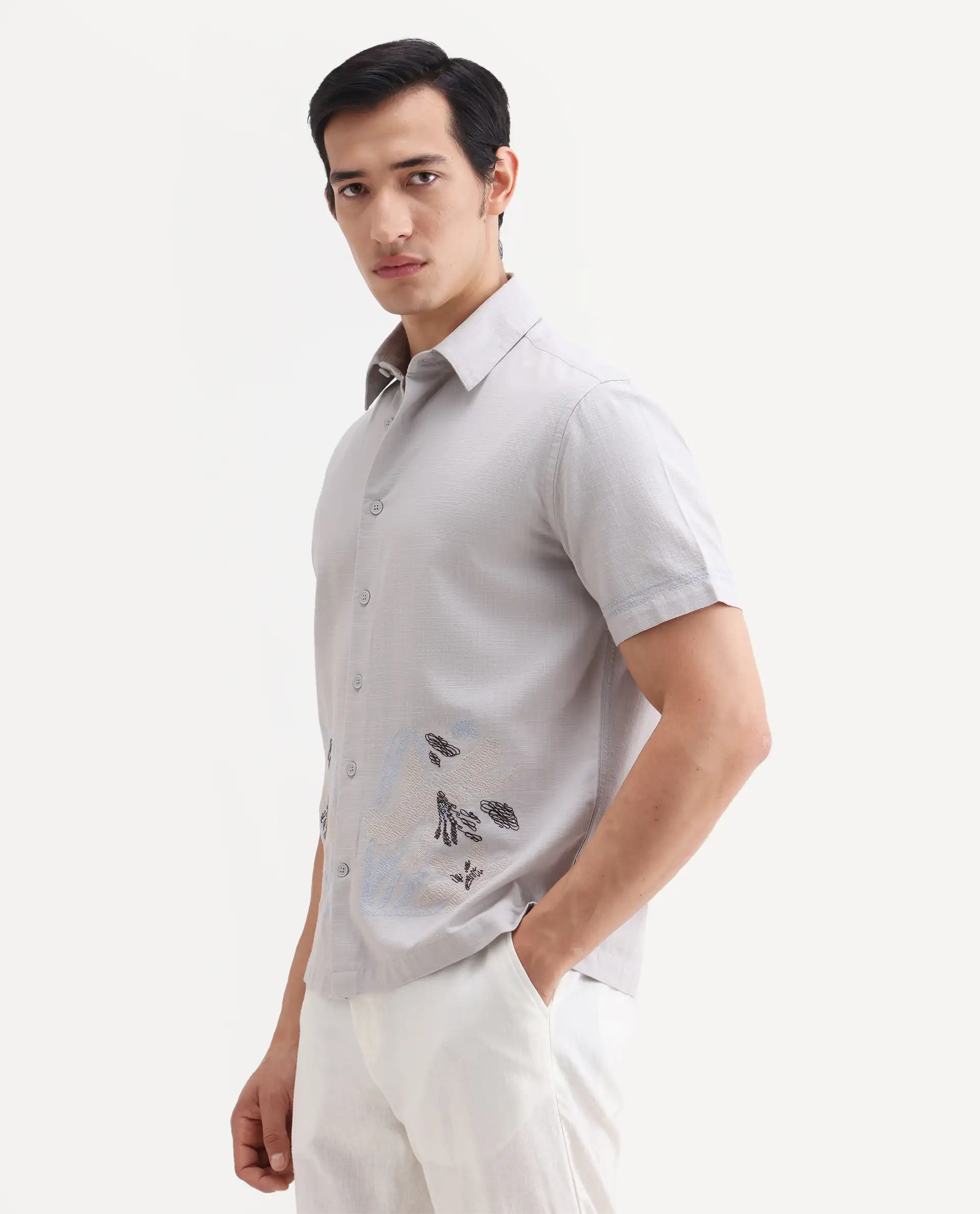 Rare Rabbit Men's Dran Light Grey Cotton Blend Fabric Half Sleeve Spread Collar Regular Fit Embroidered Shirt - Image 4
