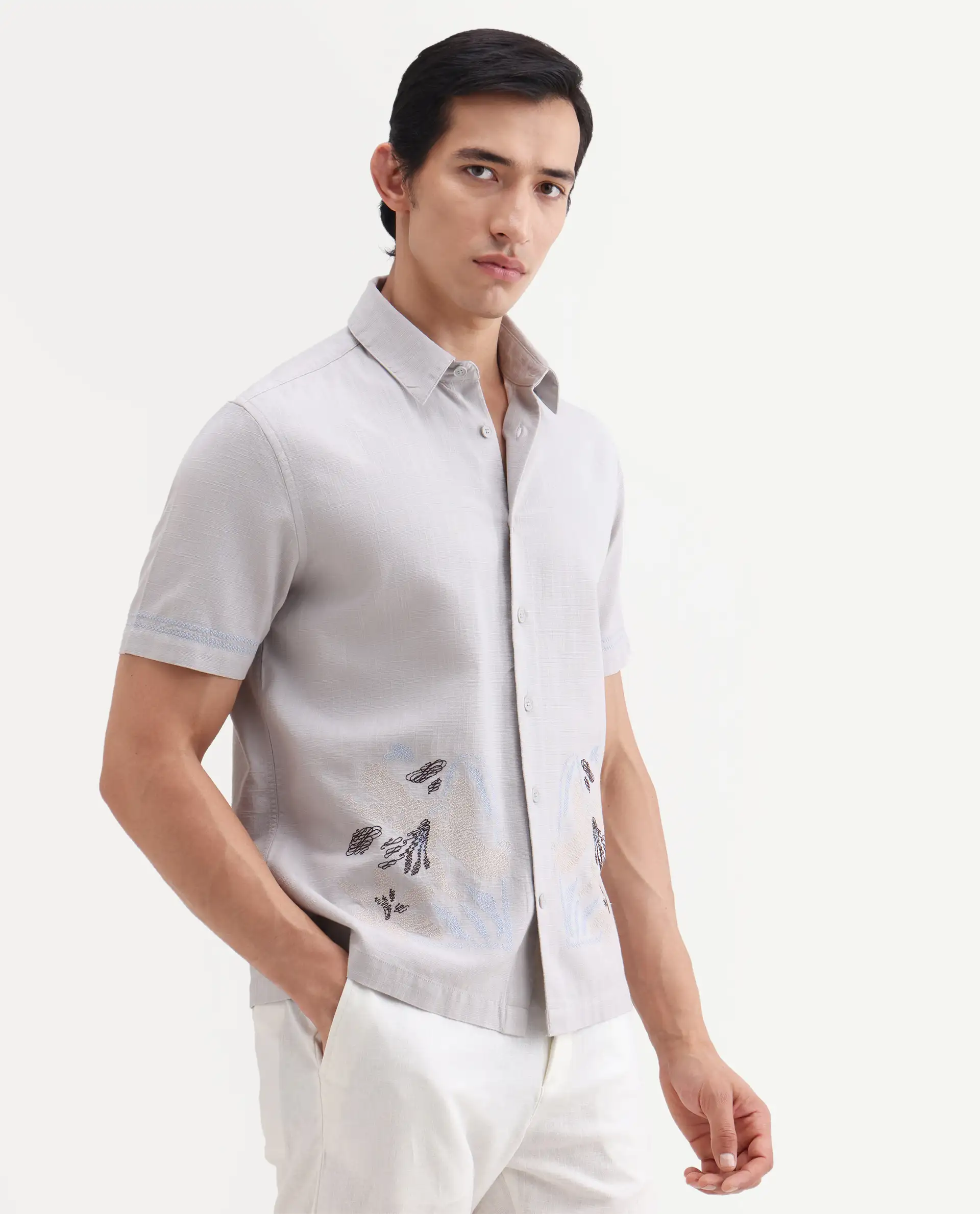 Rare Rabbit Men's Dran Light Grey Cotton Blend Fabric Half Sleeve Spread Collar Regular Fit Embroidered Shirt - Image 5