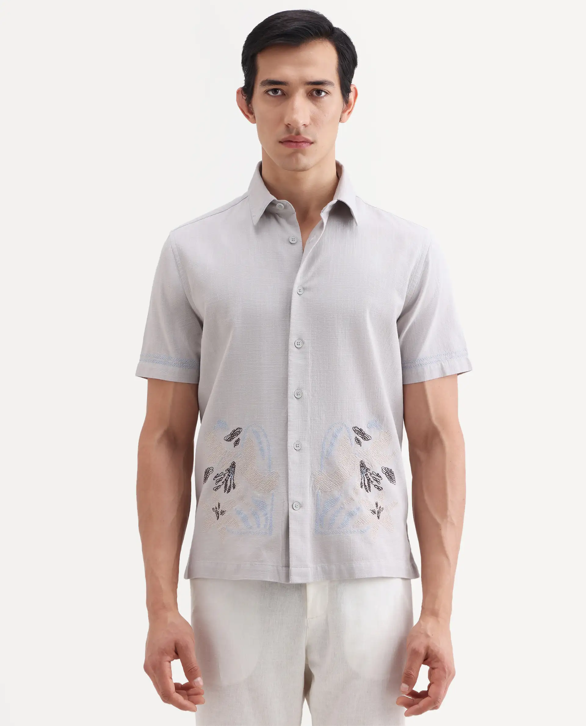 Rare Rabbit Men's Dran Light Grey Cotton Blend Fabric Half Sleeve Spread Collar Regular Fit Embroidered Shirt - Image 6