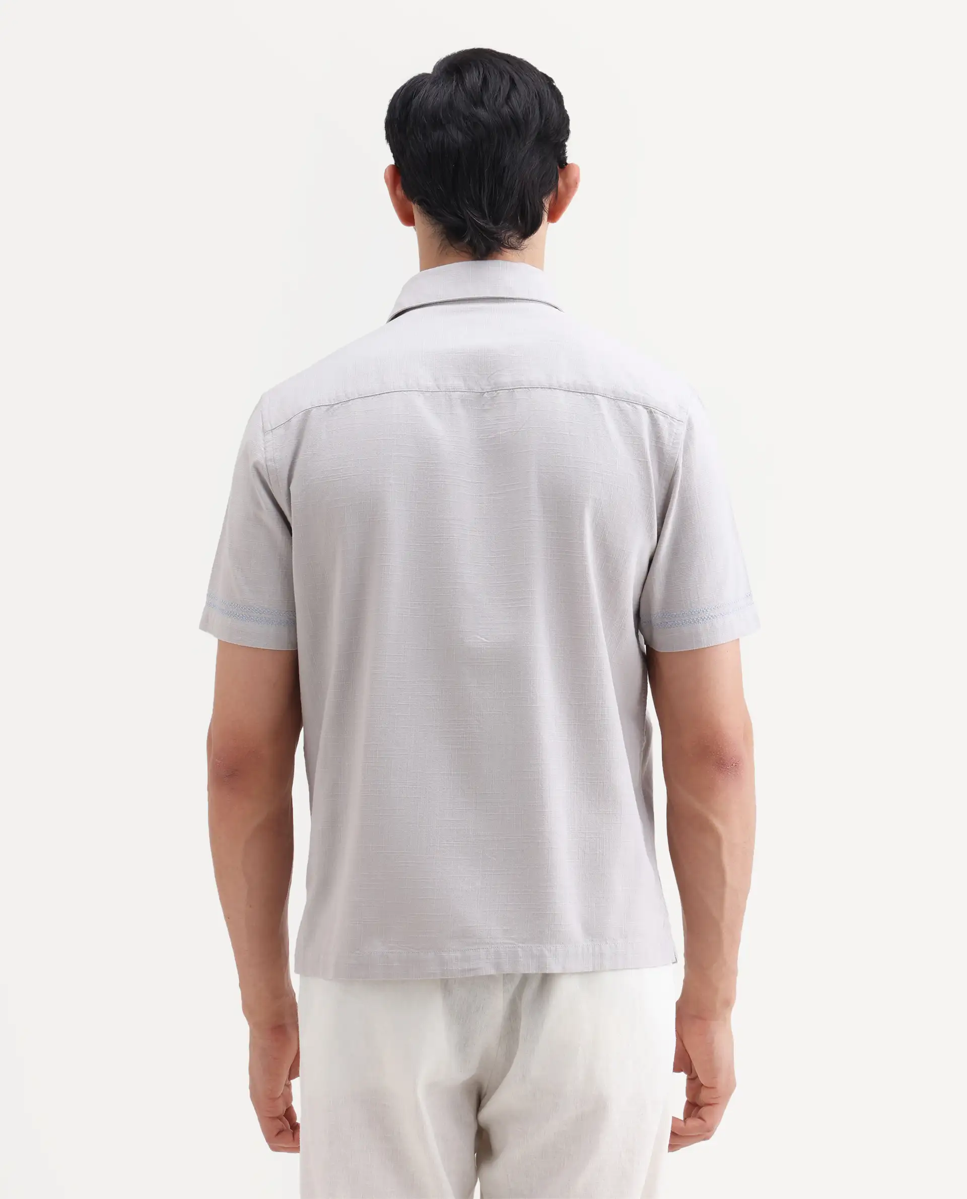 Rare Rabbit Men's Dran Light Grey Cotton Blend Fabric Half Sleeve Spread Collar Regular Fit Embroidered Shirt - Image 7