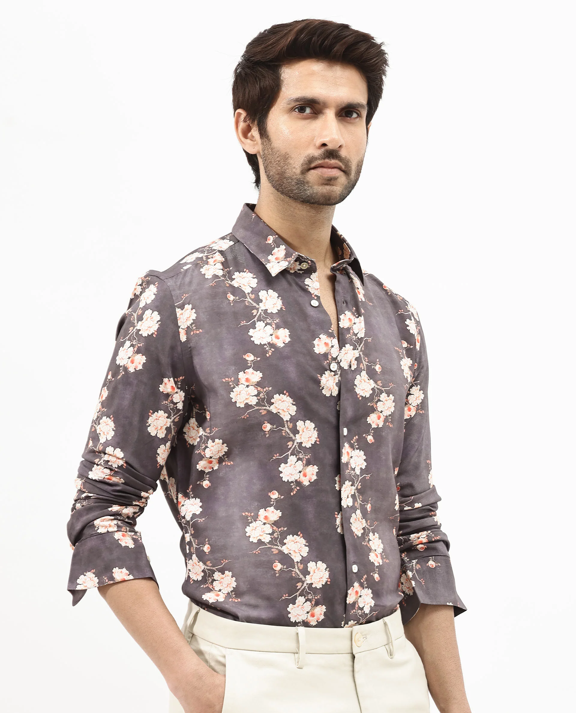 Rare Rabbit Men's Drang Dark Brown Viscose Floral Print Regular Fit Full Sleeve Collared Shirt - Image 3