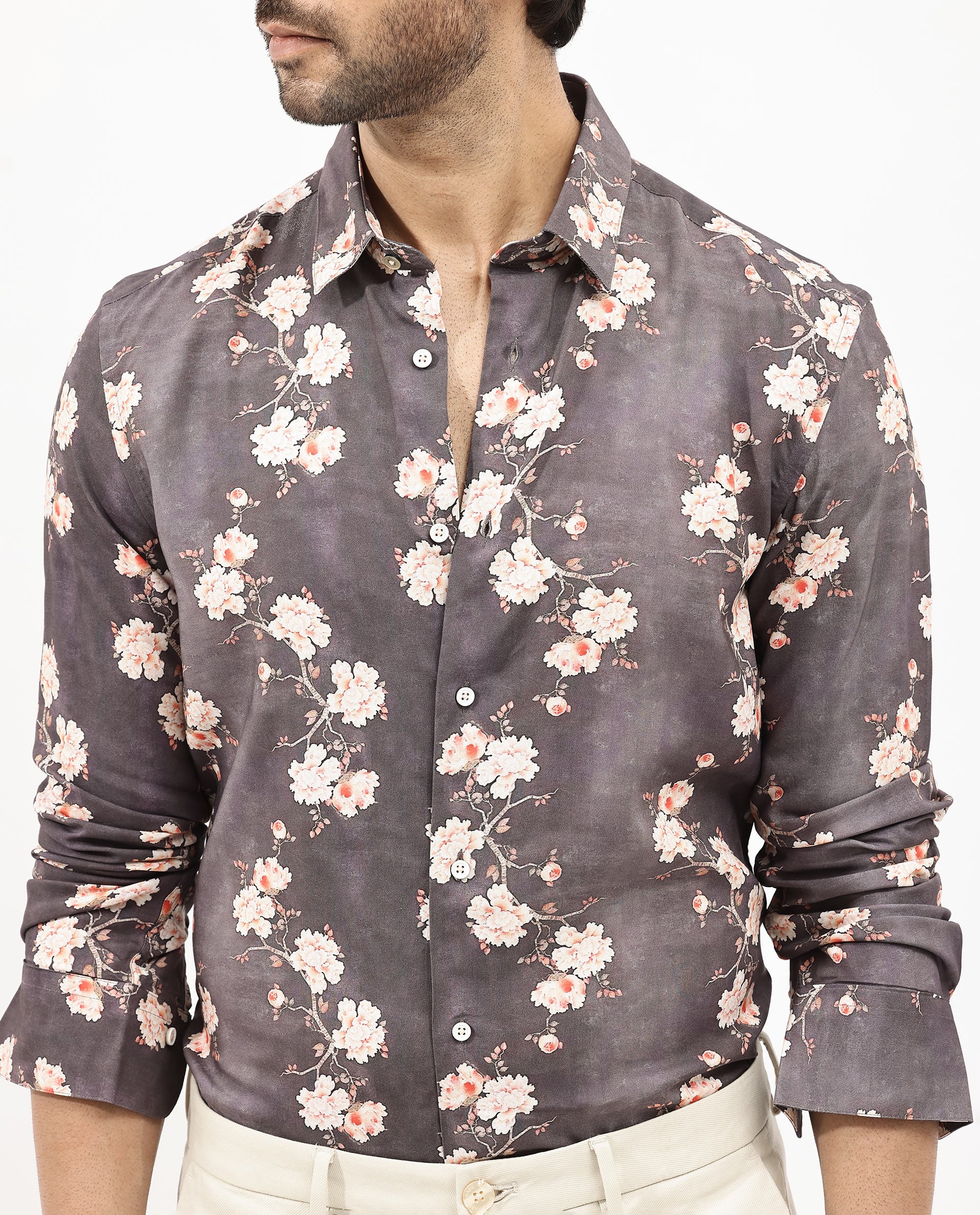 Rare Rabbit Men's Drang Dark Brown Viscose Floral Print Regular Fit Full Sleeve Collared Shirt - Image 4