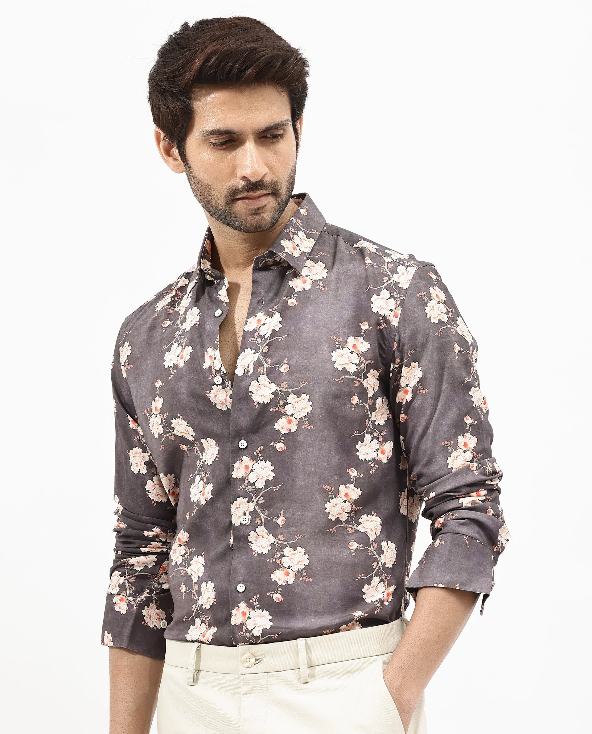 Rare Rabbit Men's Drang Dark Brown Viscose Floral Print Regular Fit Full Sleeve Collared Shirt - Image 7