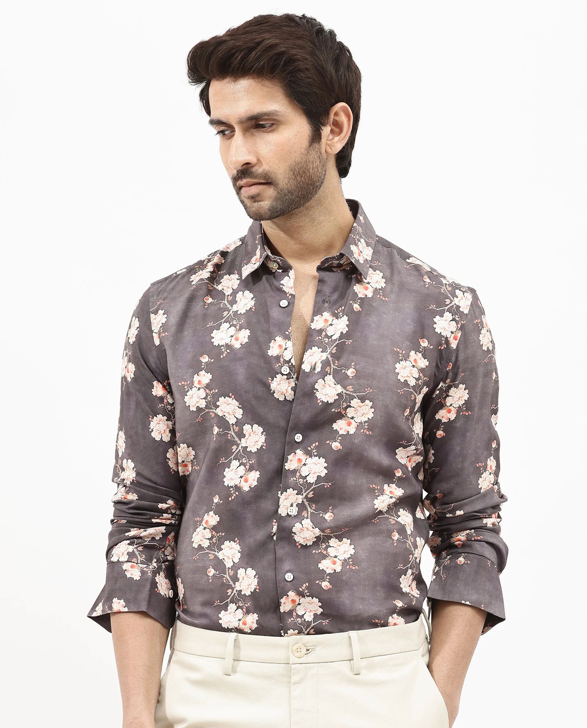 Rare Rabbit Men's Drang Dark Brown Viscose Floral Print Regular Fit Full Sleeve Collared Shirt - Image 8