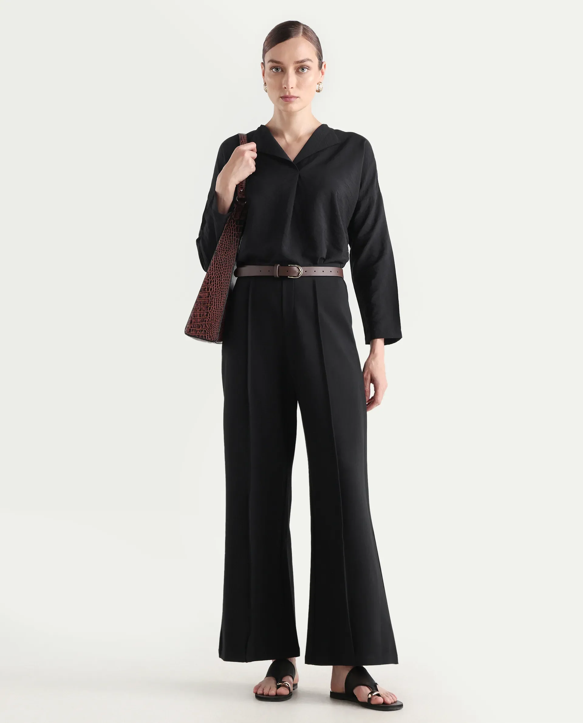 Rareism Women's Drap Black Nylon Blend Lapel Neck Plain Relaxed Fit Top - Image 2