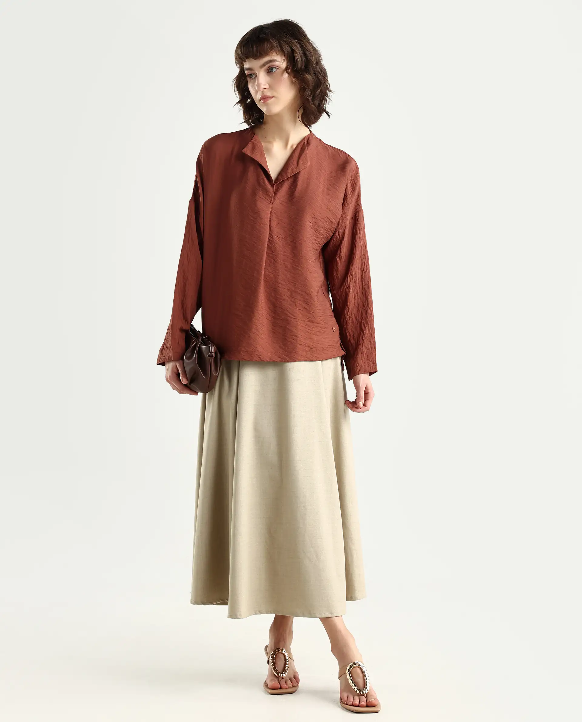 Rareism Women's Drap Brown Viscose Blend Lapel Neck Relaxed Fit Plain Top - Image 2