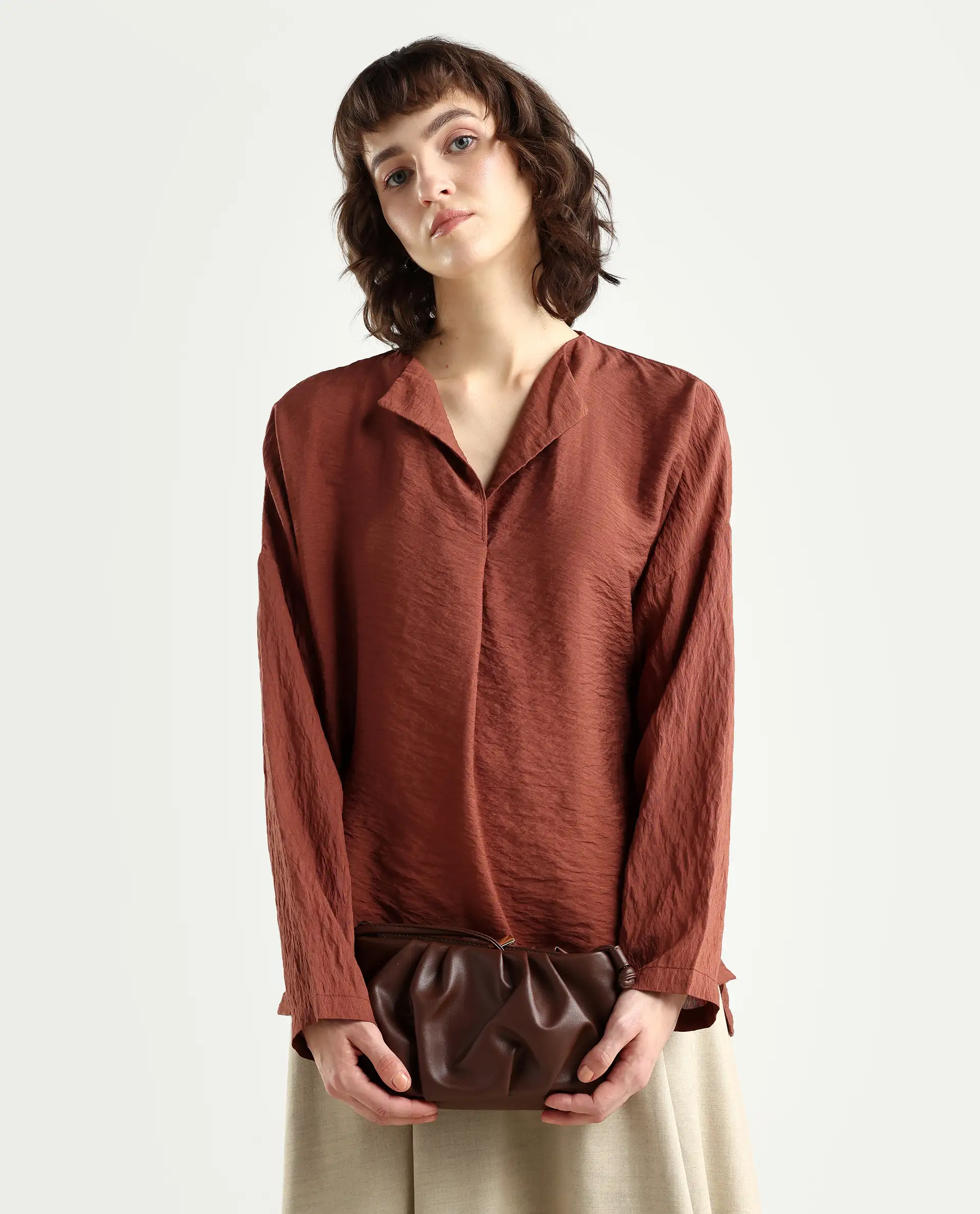 Rareism Women's Drap Brown Viscose Blend Lapel Neck Relaxed Fit Plain Top - Image 3
