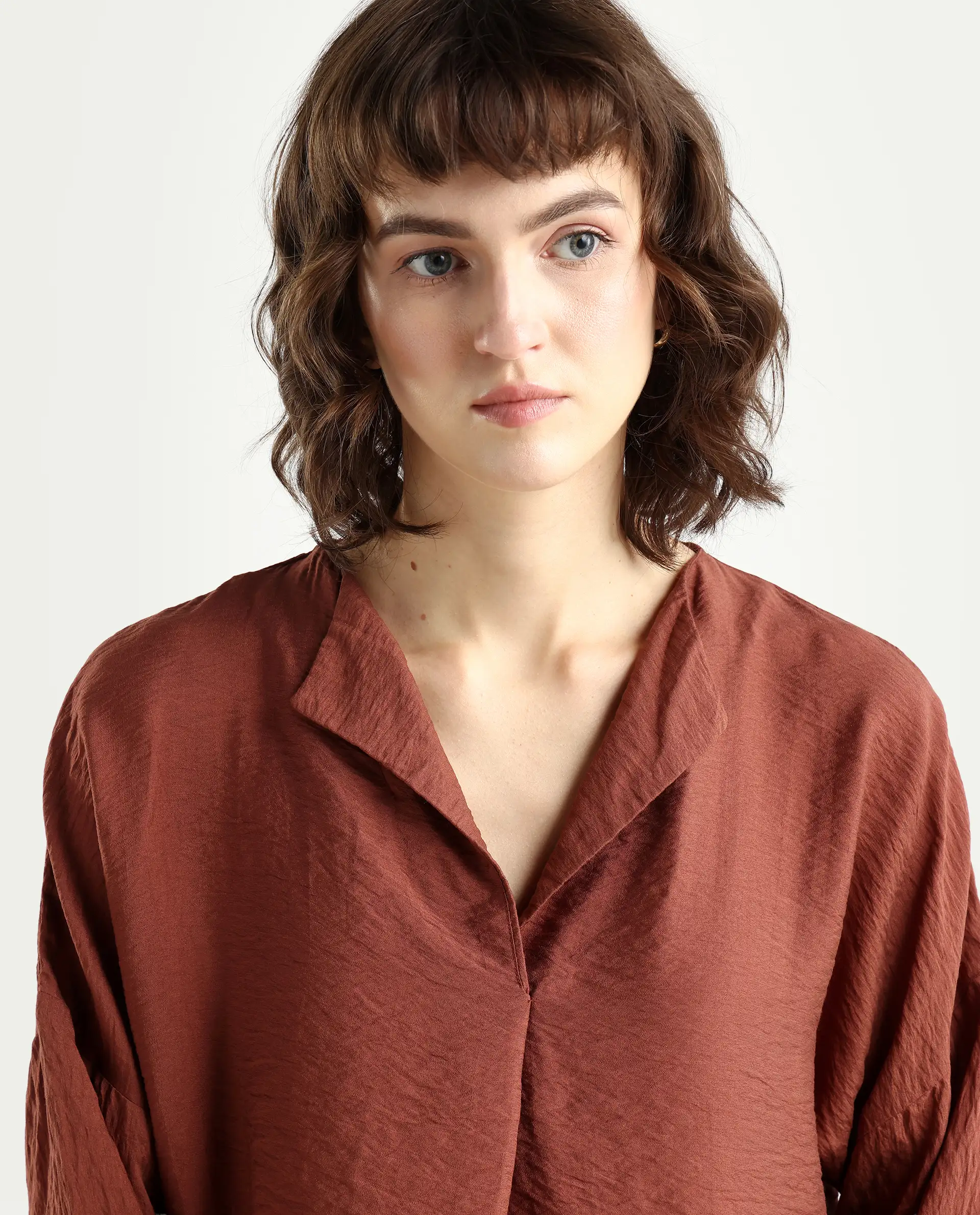 Rareism Women's Drap Brown Viscose Blend Lapel Neck Relaxed Fit Plain Top - Image 4