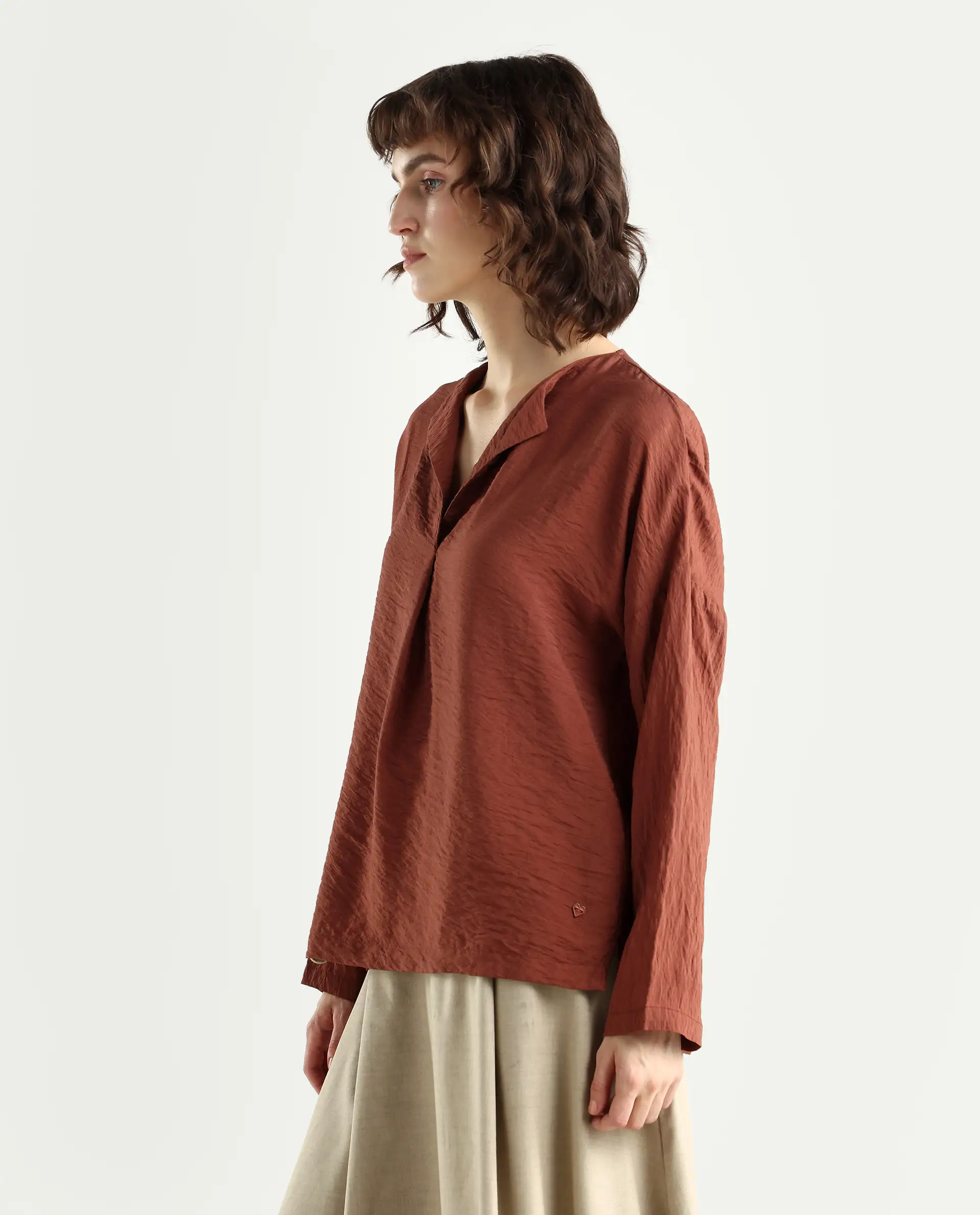 Rareism Women's Drap Brown Viscose Blend Lapel Neck Relaxed Fit Plain Top - Image 6