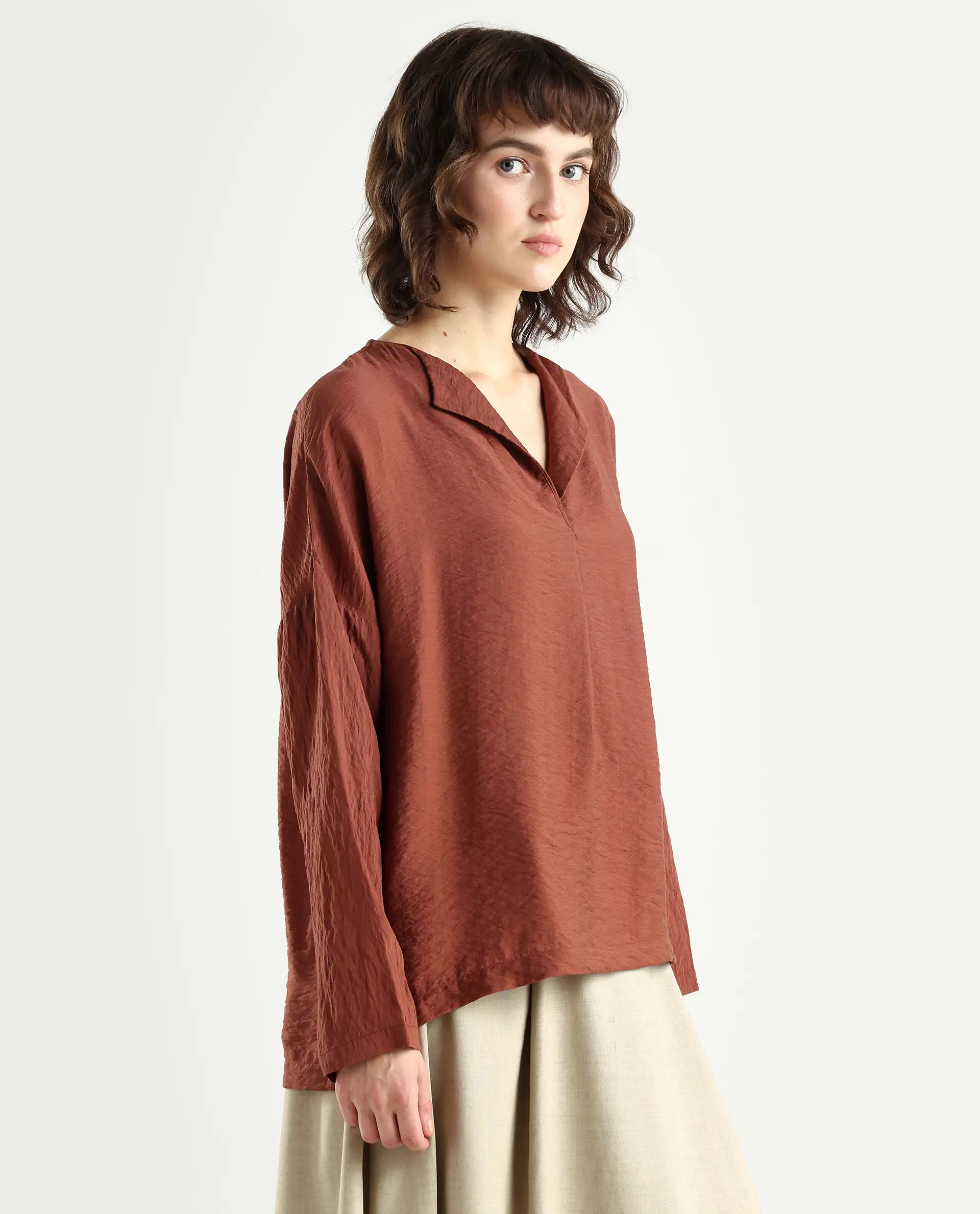 Rareism Women's Drap Brown Viscose Blend Lapel Neck Relaxed Fit Plain Top - Image 7
