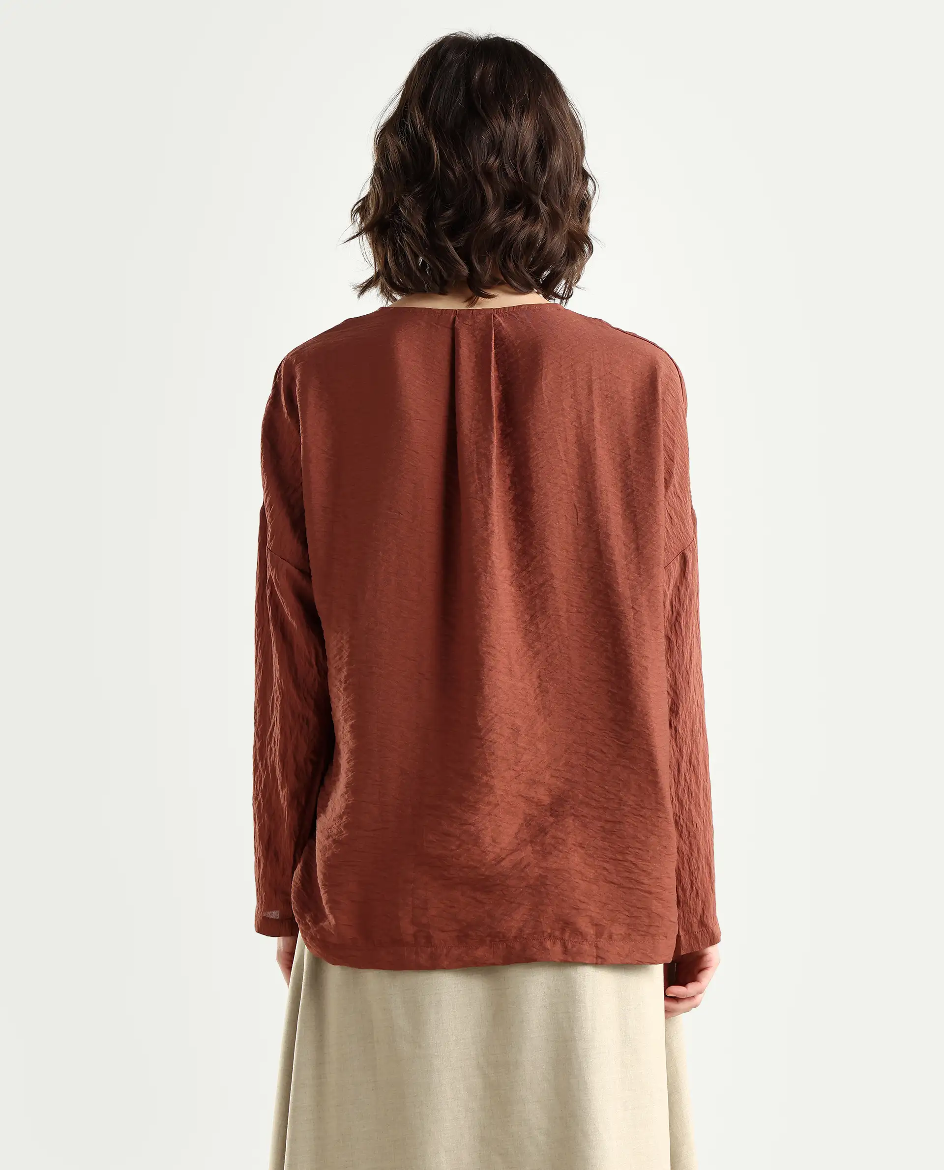 Rareism Women's Drap Brown Viscose Blend Lapel Neck Relaxed Fit Plain Top - Image 8