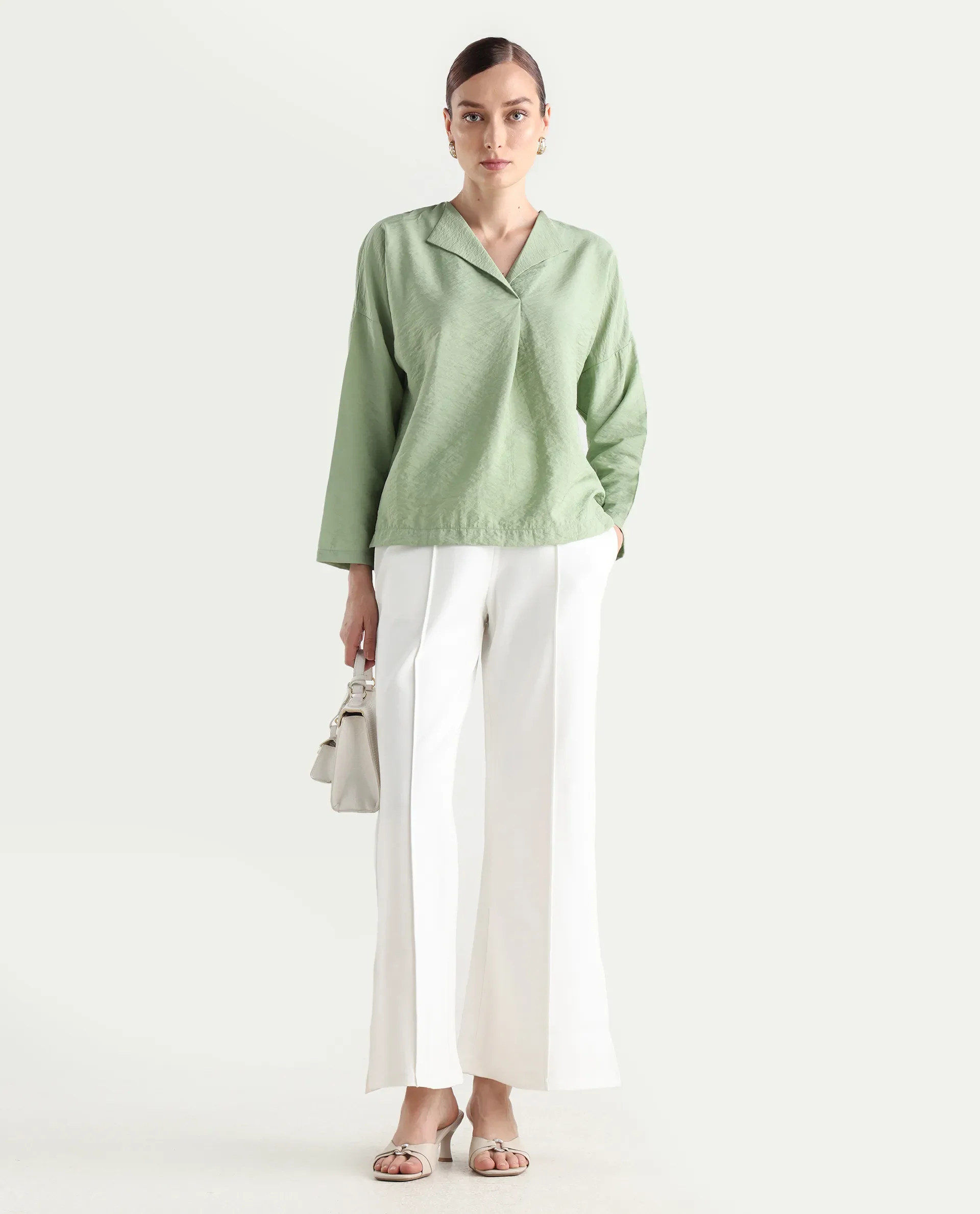 Rareism Women's Drap Green Nylon Blend Lapel Neck Plain Relaxed Fit Top - Image 2