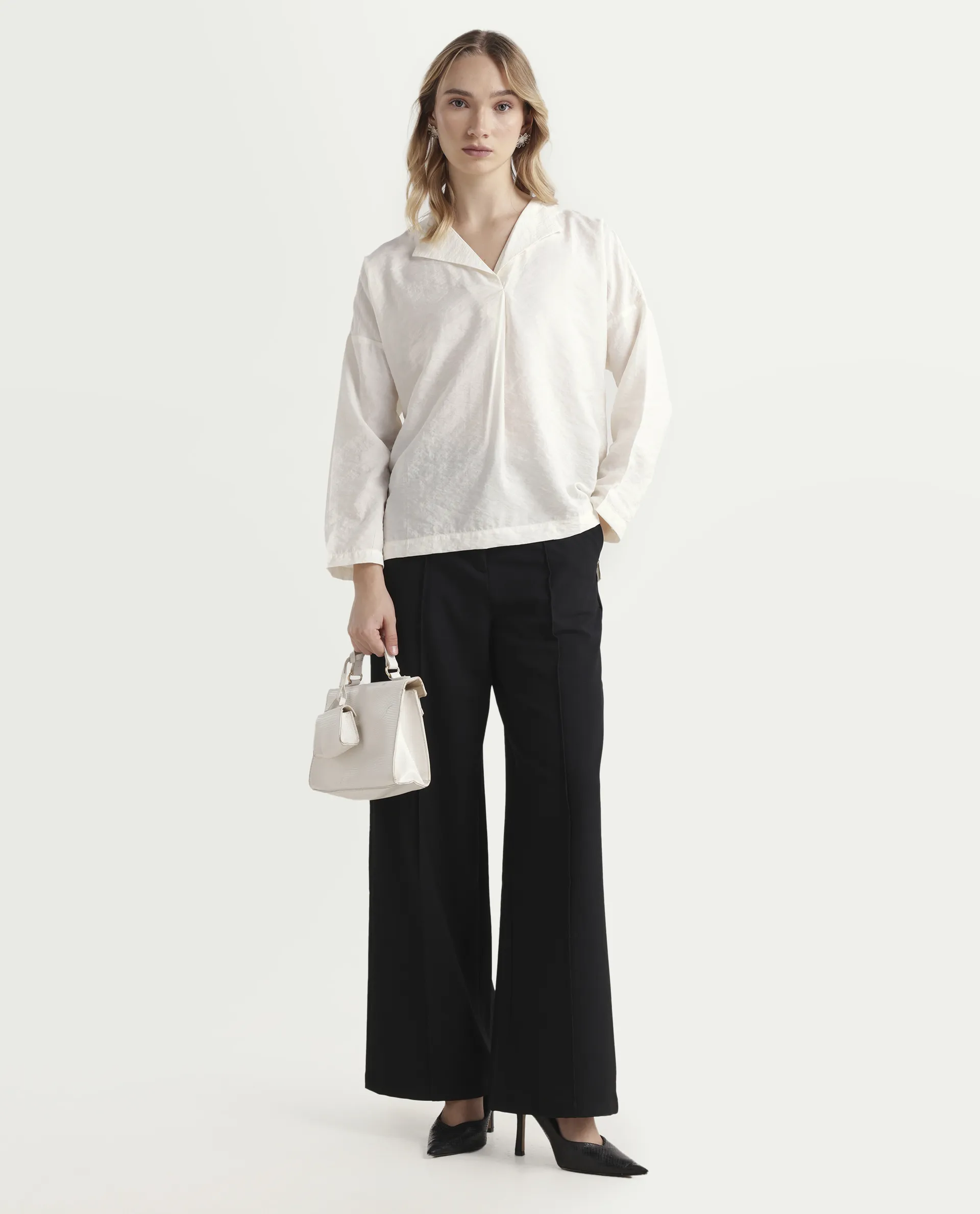 Rareism Women's Drap Off White Nylon Blend Lapel Neck Plain Relaxed Fit Top - Image 2