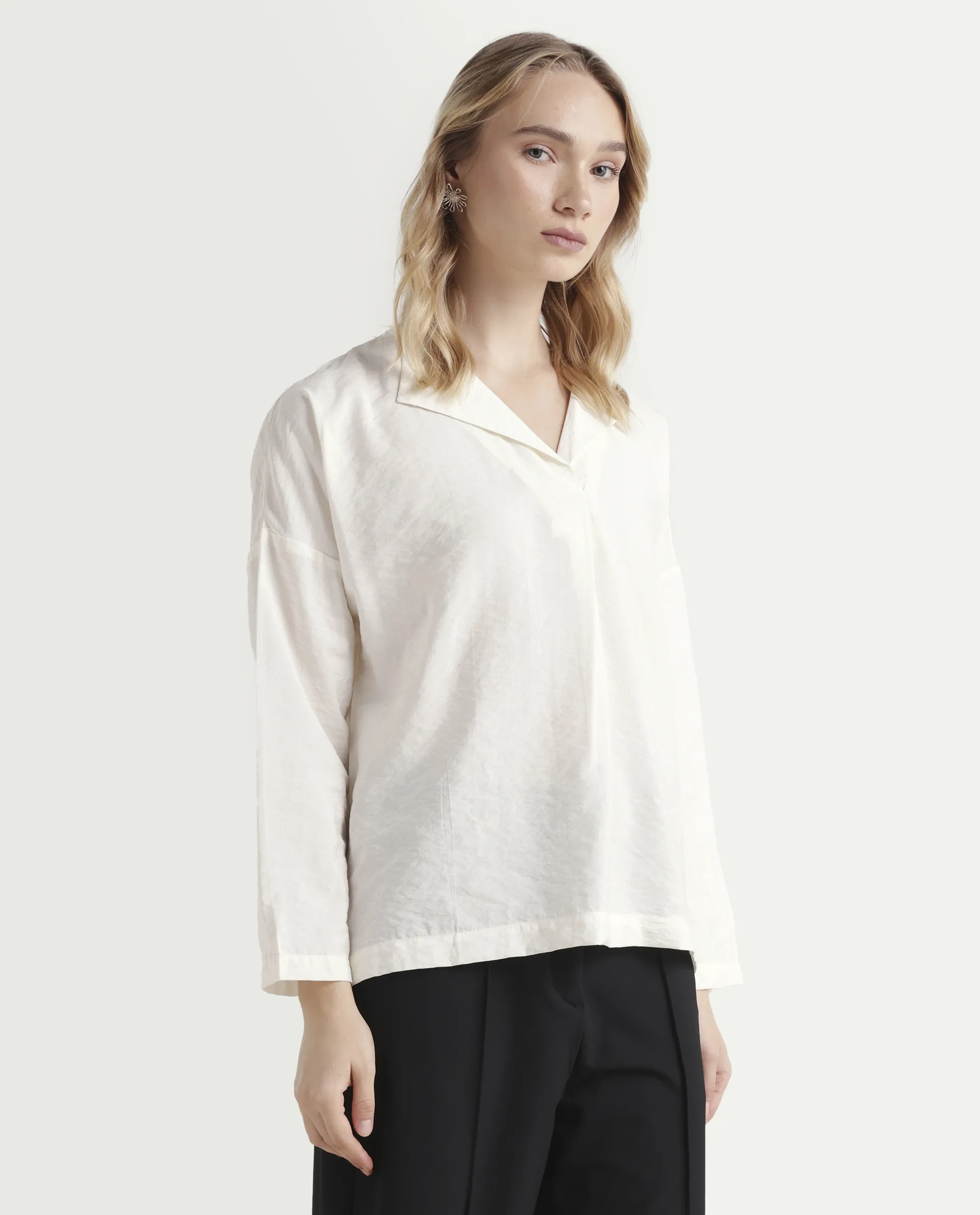 Rareism Women's Drap Off White Nylon Blend Lapel Neck Plain Relaxed Fit Top - Image 6