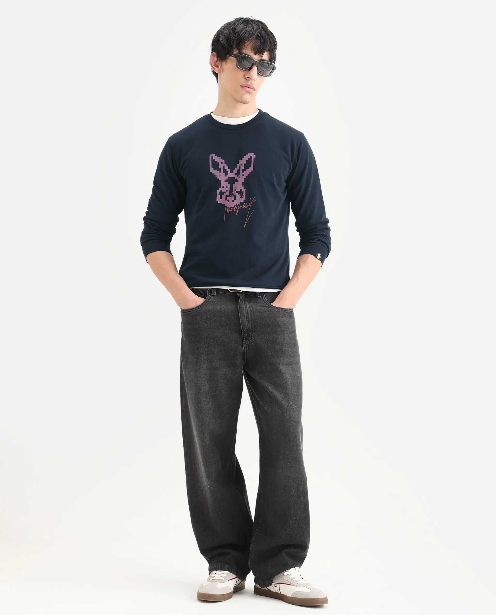 Rare Rabbit Men's Drato Navy Cotton Graphic Print Regular Fit Full Sleeve Crew Neck Sweatshirt - Image 2