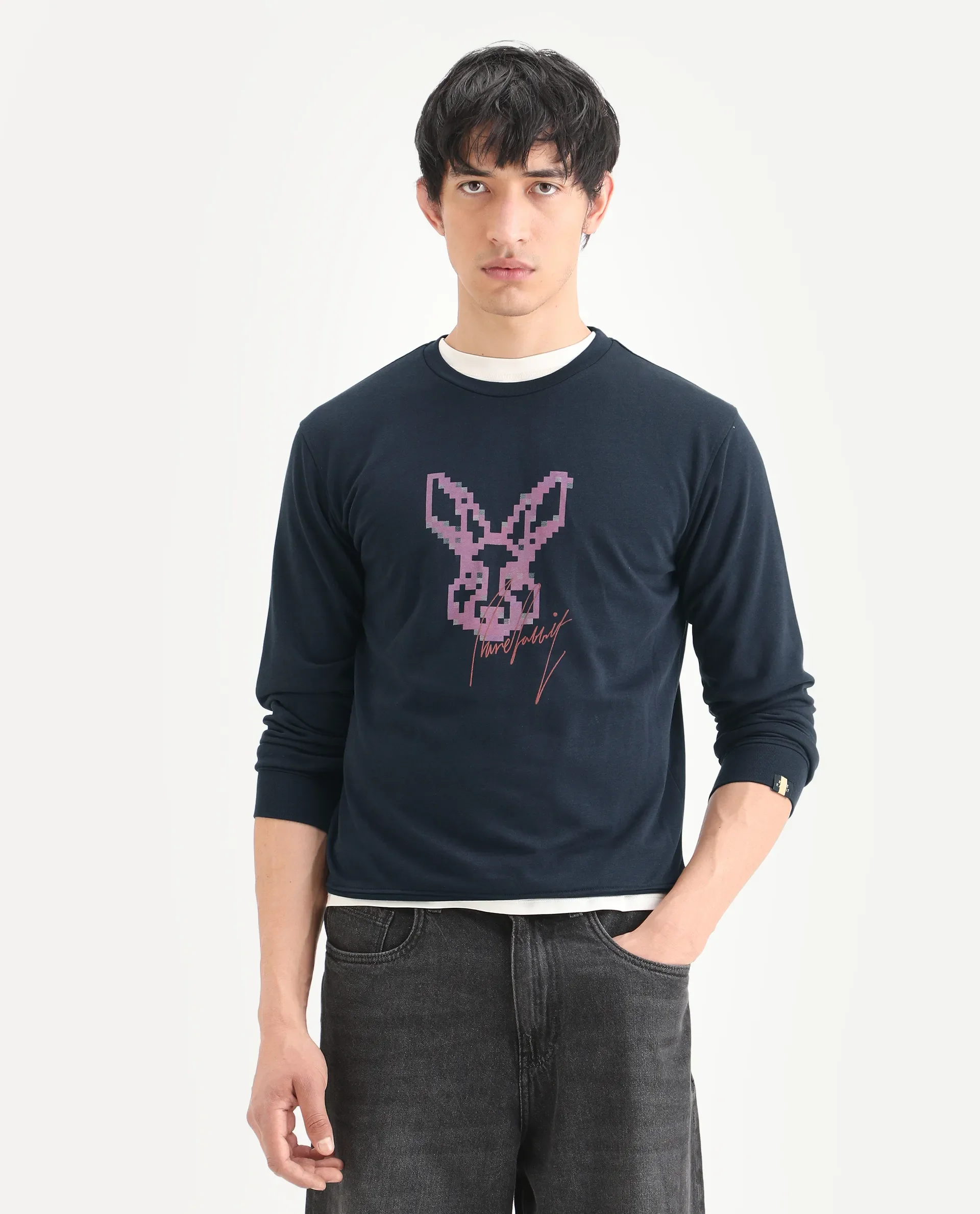 Rare Rabbit Men's Drato Navy Cotton Graphic Print Regular Fit Full Sleeve Crew Neck Sweatshirt - Image 3