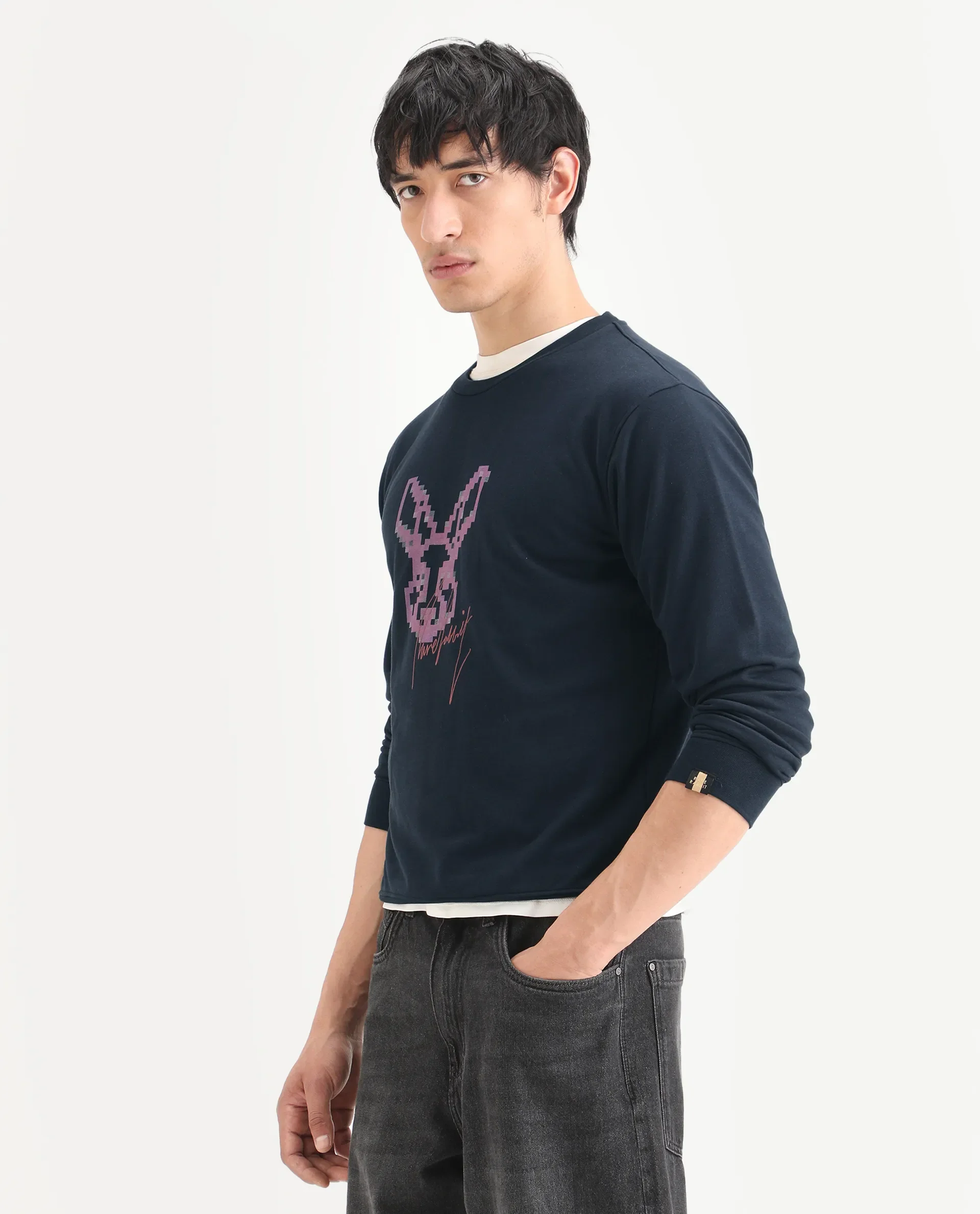 Rare Rabbit Men's Drato Navy Cotton Graphic Print Regular Fit Full Sleeve Crew Neck Sweatshirt - Image 5