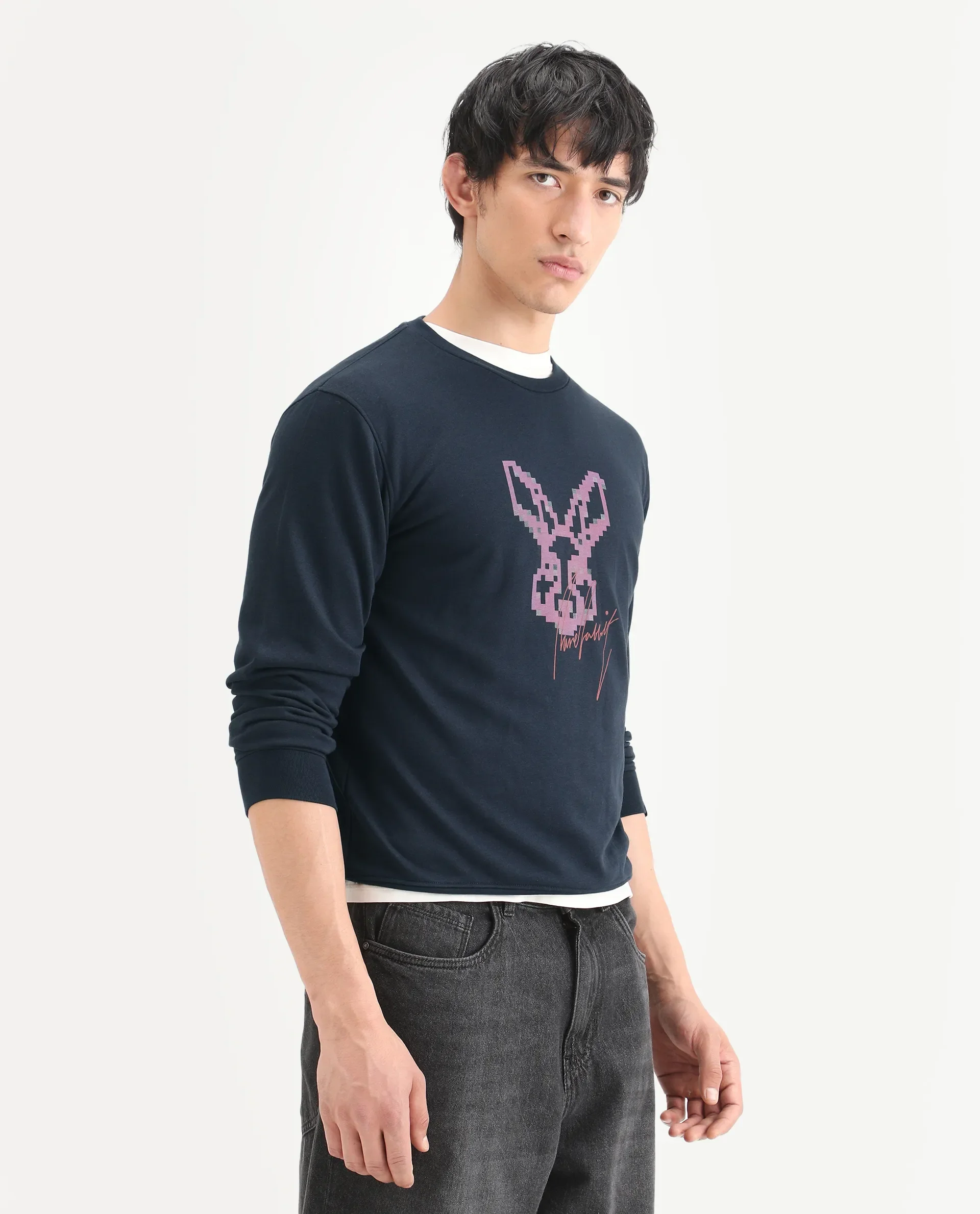 Rare Rabbit Men's Drato Navy Cotton Graphic Print Regular Fit Full Sleeve Crew Neck Sweatshirt - Image 6