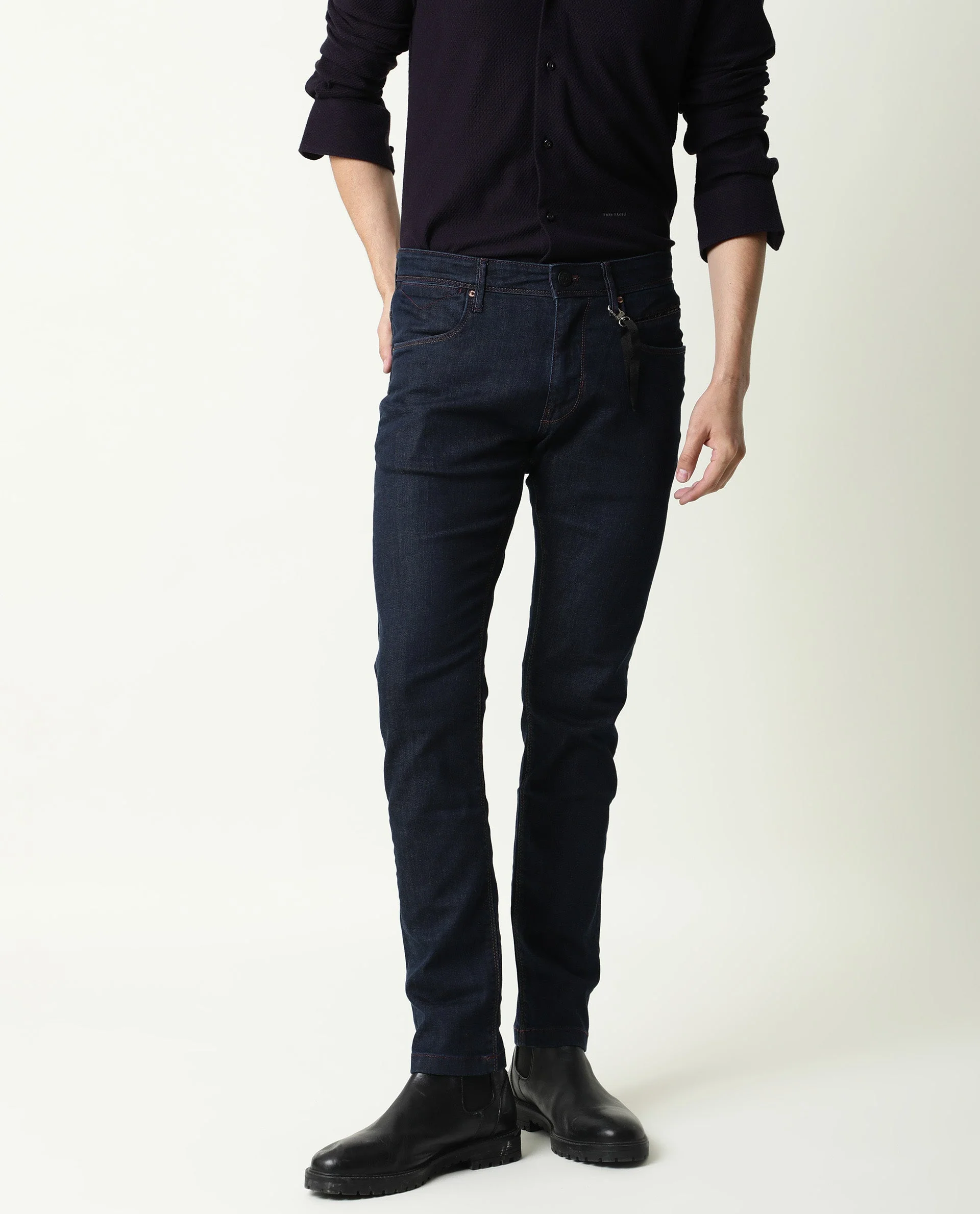 Rare Rabbit Men's Dratt-2 Navy Cotton Plain Hawk Slim Fit Jeans
