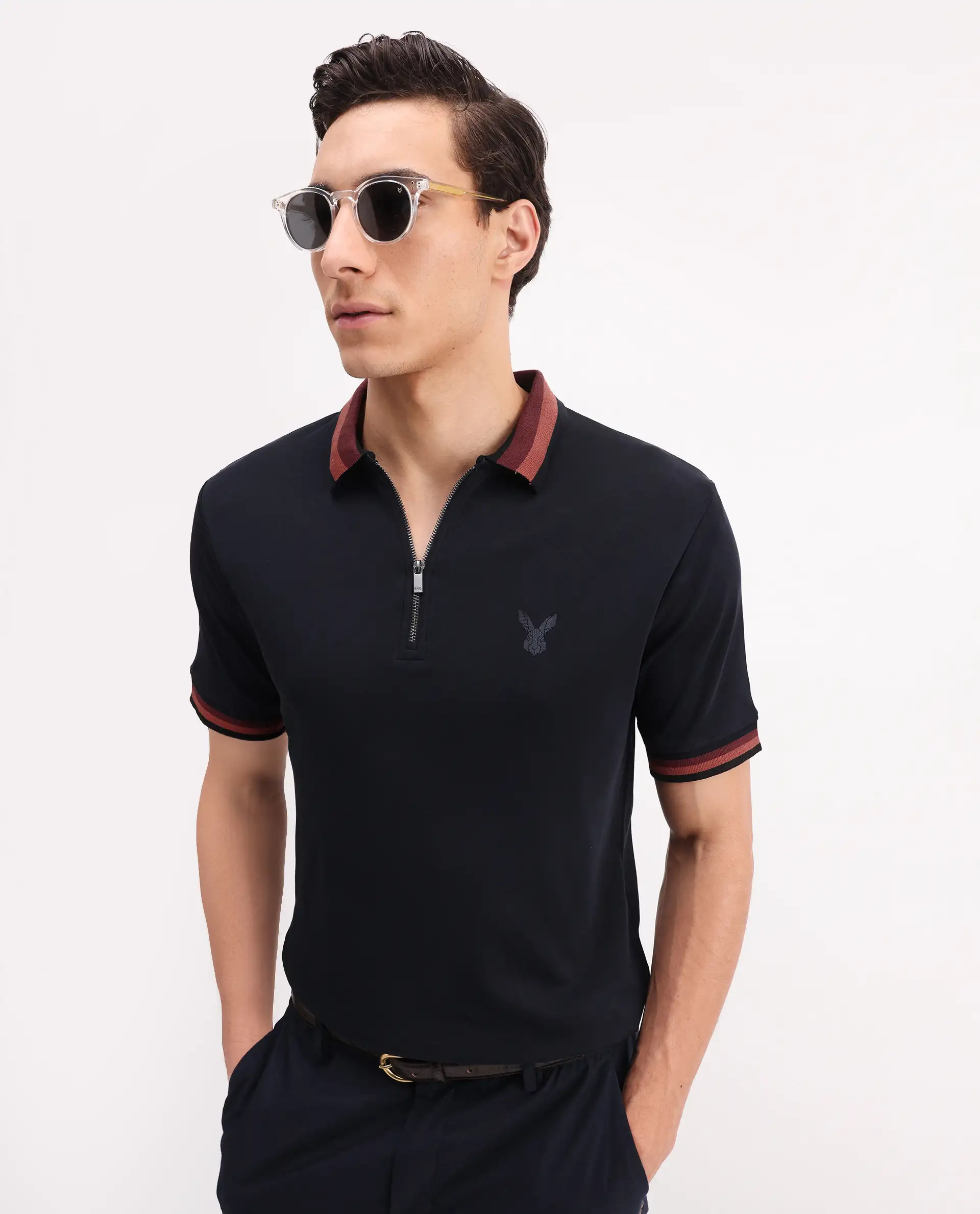Rare Rabbit Men's Drax Navy Cotton Plain Regular Fit Half Sleeve Polo
