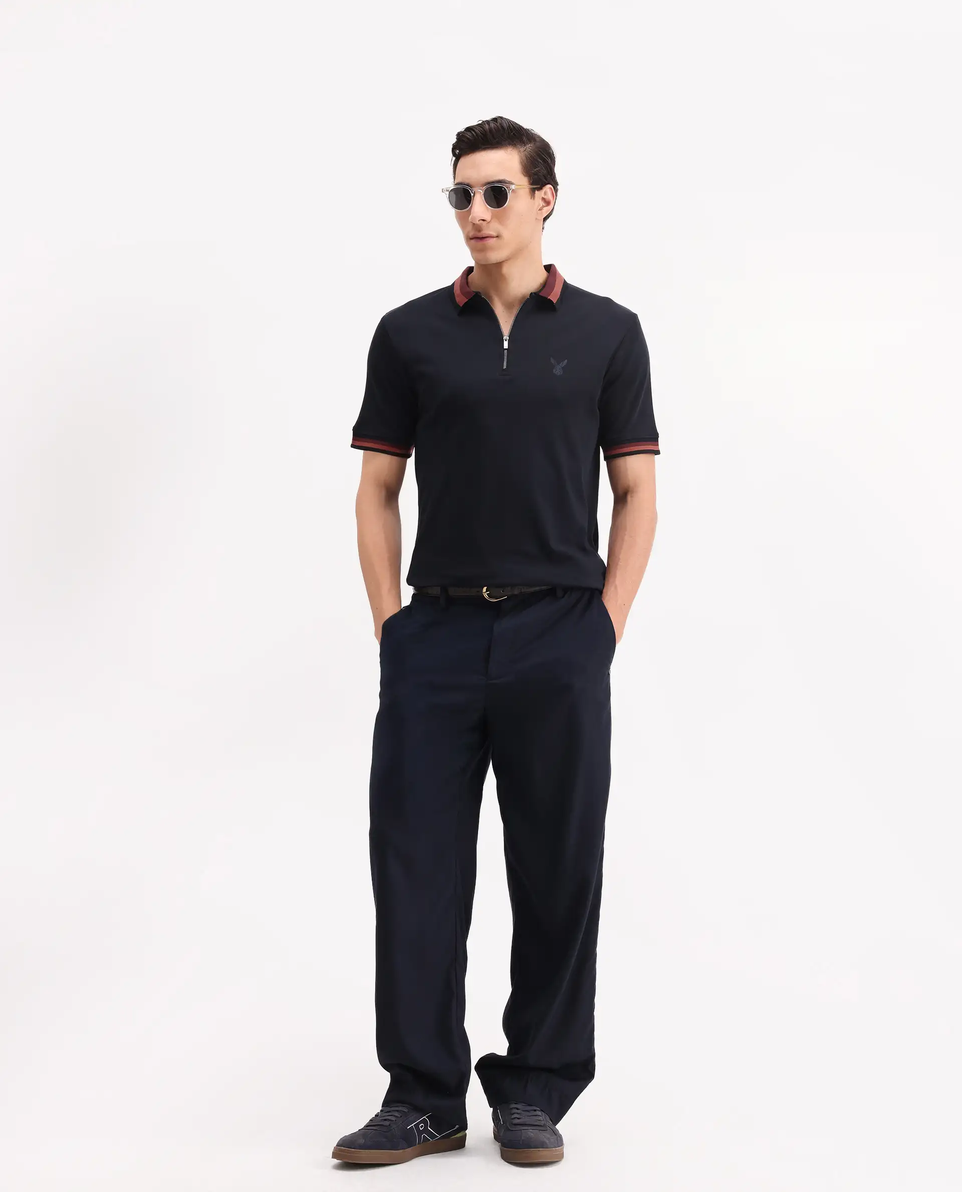 Rare Rabbit Men's Drax Navy Cotton Plain Regular Fit Half Sleeve Polo - Image 2