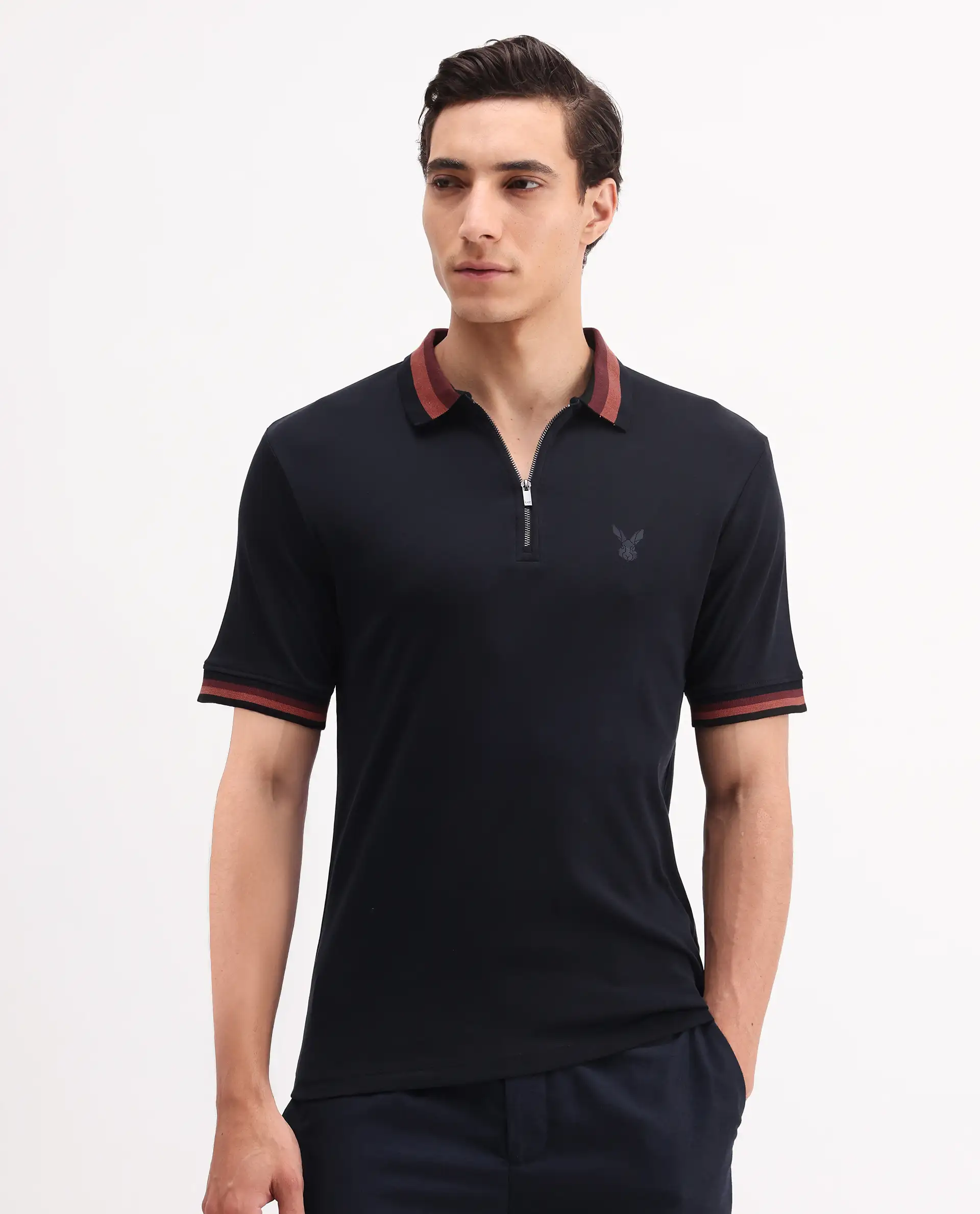 Rare Rabbit Men's Drax Navy Cotton Plain Regular Fit Half Sleeve Polo - Image 3