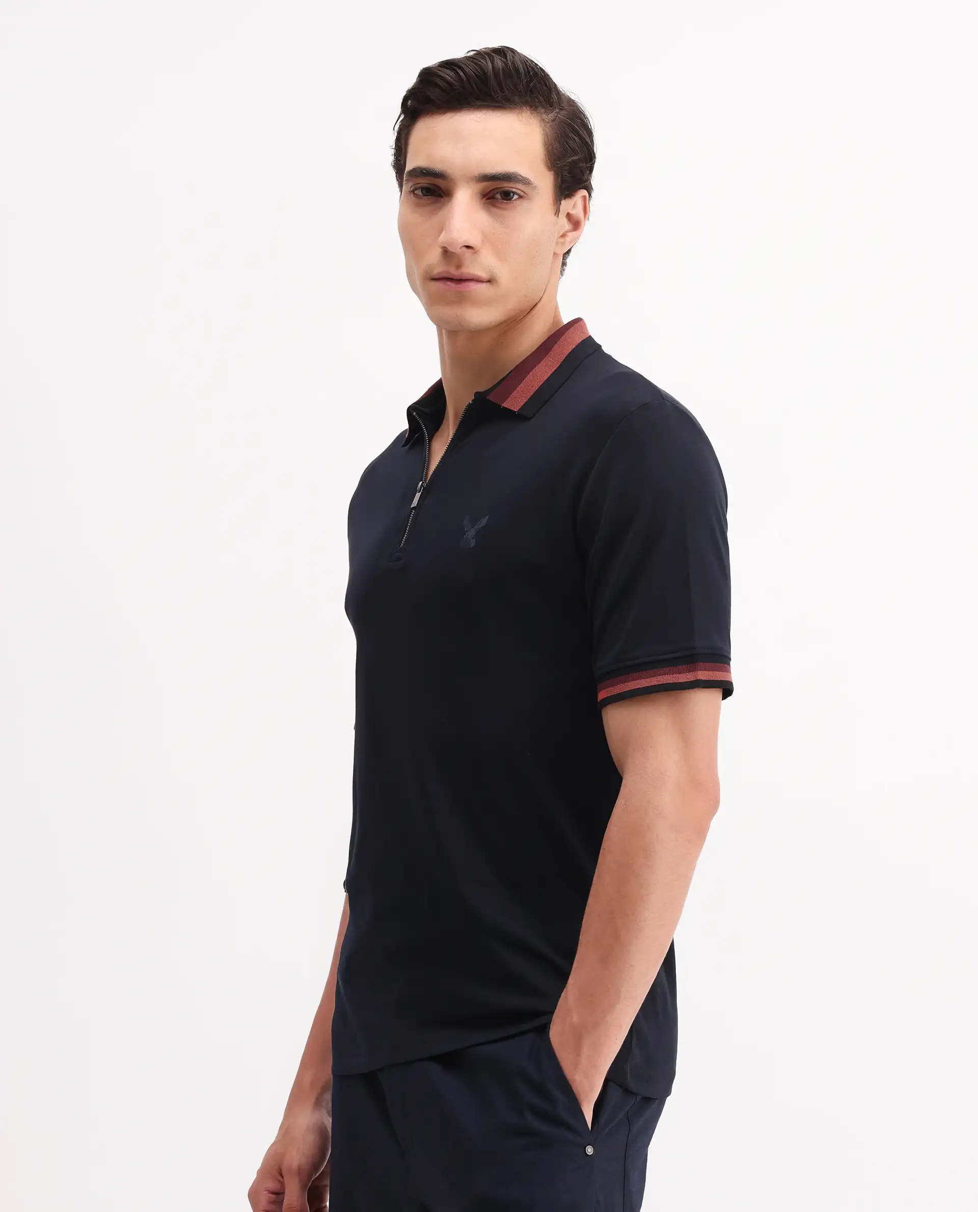 Rare Rabbit Men's Drax Navy Cotton Plain Regular Fit Half Sleeve Polo - Image 5