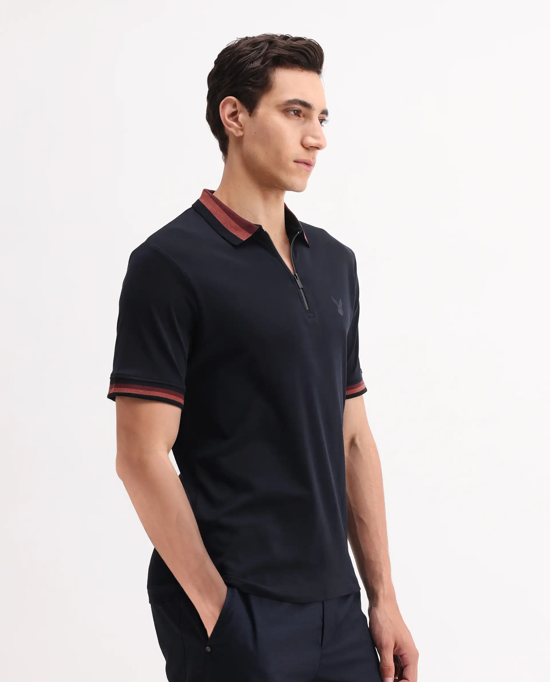 Rare Rabbit Men's Drax Navy Cotton Plain Regular Fit Half Sleeve Polo - Image 6