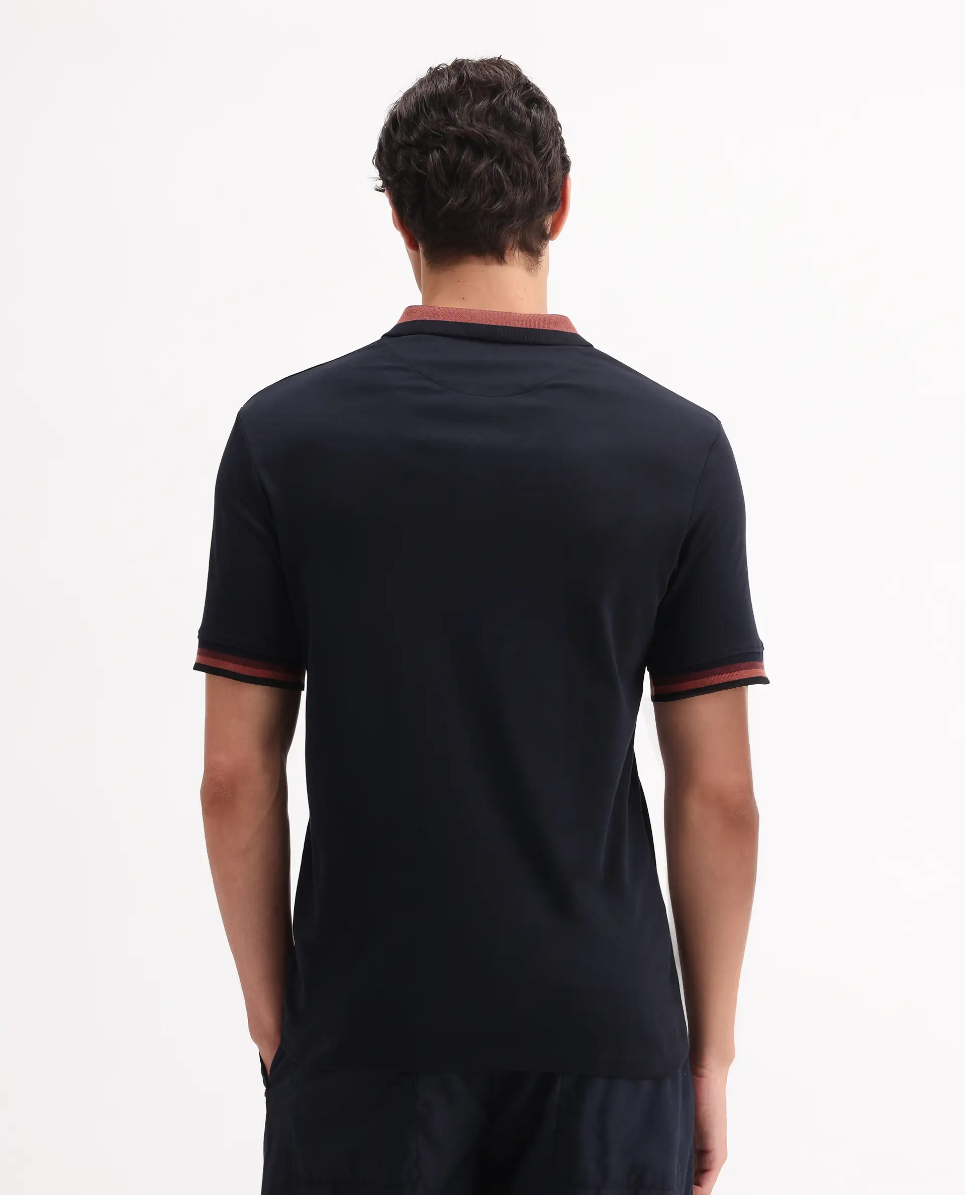 Rare Rabbit Men's Drax Navy Cotton Plain Regular Fit Half Sleeve Polo - Image 7