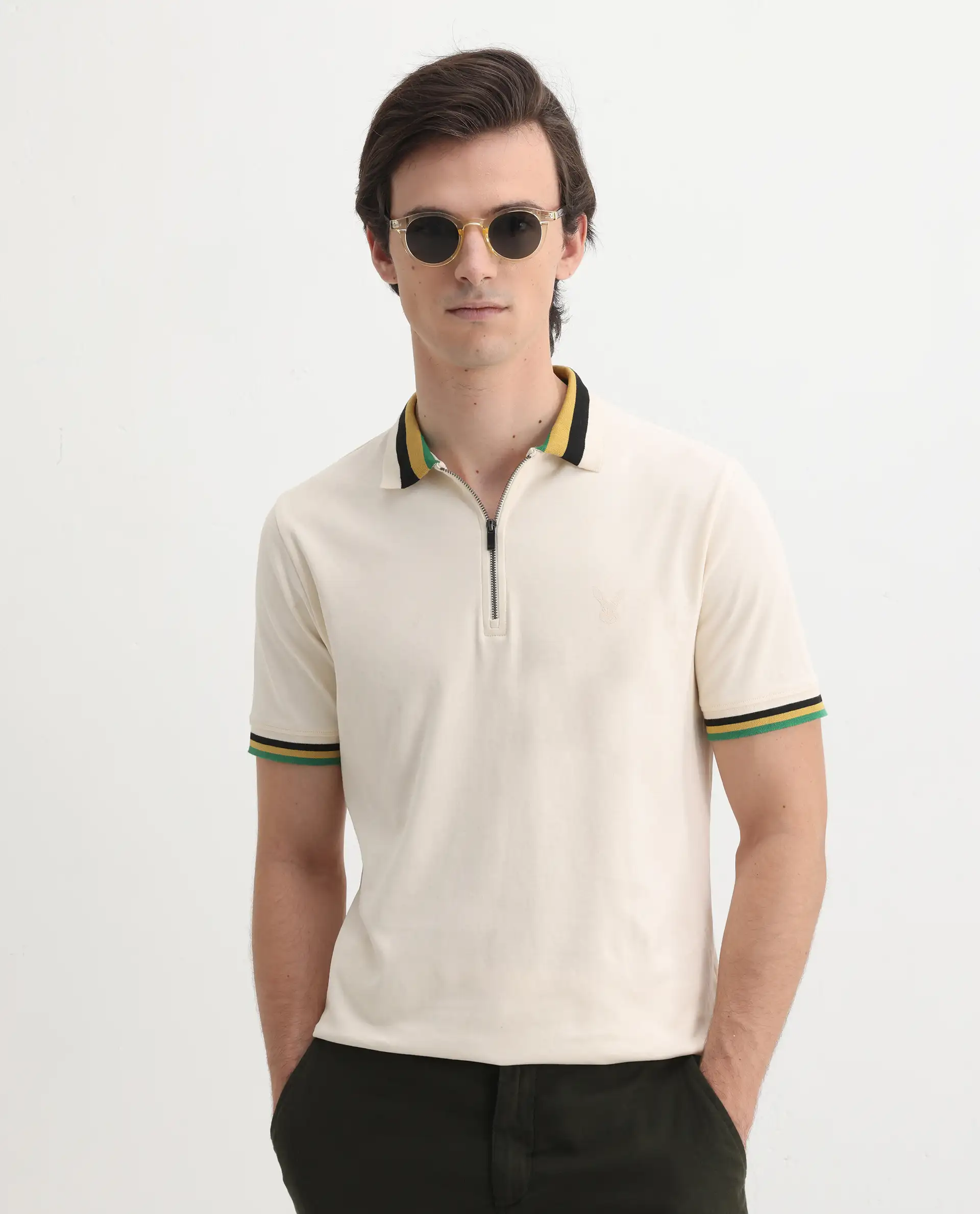 Rare Rabbit Men's Drax Off White Cotton Plain Regular Fit Half Sleeve Polo