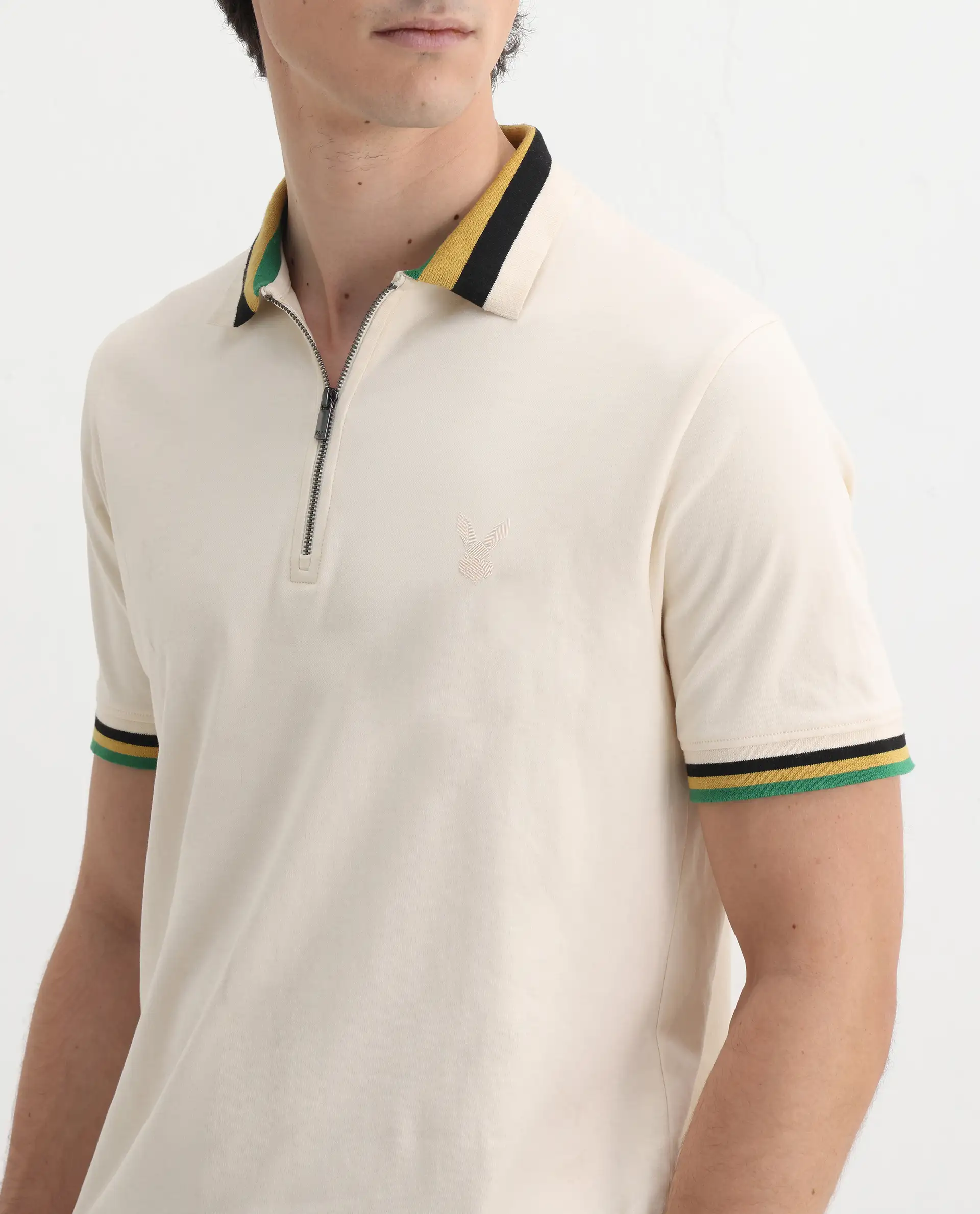 Rare Rabbit Men's Drax Off White Cotton Plain Regular Fit Half Sleeve Polo - Image 3